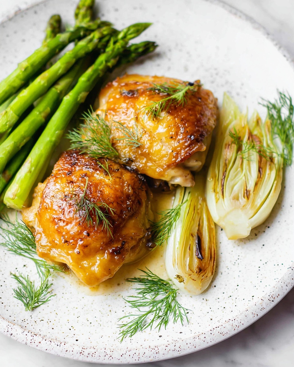 Easy One-pan Roasted Chicken with Spring Vegetables Recipe 4 The dish shows two golden brown chicken thighs with a shiny, slightly crispy skin on a white speckled plate. To the left of the chicken, there is a small bundle of green asparagus spears with a fresh, vibrant texture. Next to the asparagus, light yellow, soft-looking cooked fennel slices are placed, adding a gentle contrast to the dish. Small green dill sprigs are used as garnish on the chicken and around the plate, placed on a white marbled surface photo taken with an iphone --ar 4:5 --v 7