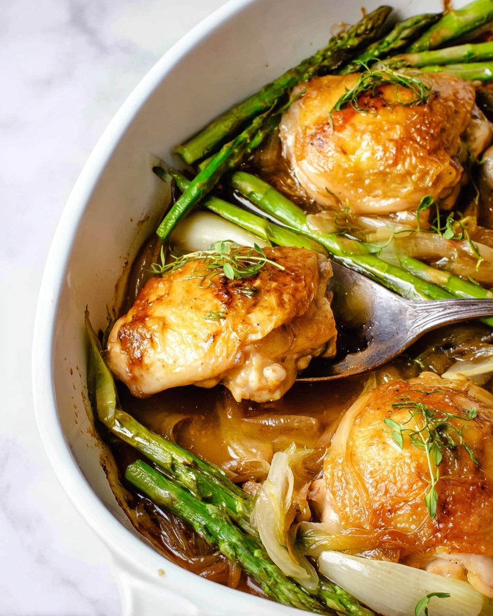 Easy One-pan Roasted Chicken with Spring Vegetables Recipe 5 The dish shows four golden brown cooked chicken thighs with crispy skin on top of a layer of soft, light brown cooked fennel bulbs, scattered with thin green asparagus spears. The chicken pieces are plump and placed close together inside a white oval dish, with delicate green fennel fronds decorating the top. The background surface is white with a marbled texture, and a shiny silver spoon holds one chicken piece in the corner. The colors range from the warm orange-browns of the chicken to fresh greens of the asparagus, creating a warm and fresh look. Photo taken with an iphone --ar 4:5 --v 7