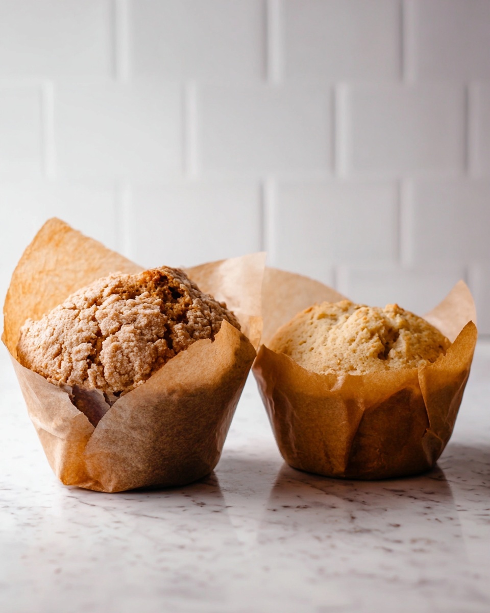 A muffin with a light golden-brown crumbly top mixed with dark purple blueberries, showing a moist soft inside with visible blueberry swirls. It sits in open brown parchment paper that folds around the sides, resting on a white marbled surface. Around the muffin, there are a few scattered blueberries and small crumbs. photo taken with an iphone --ar 4:5 --v 7