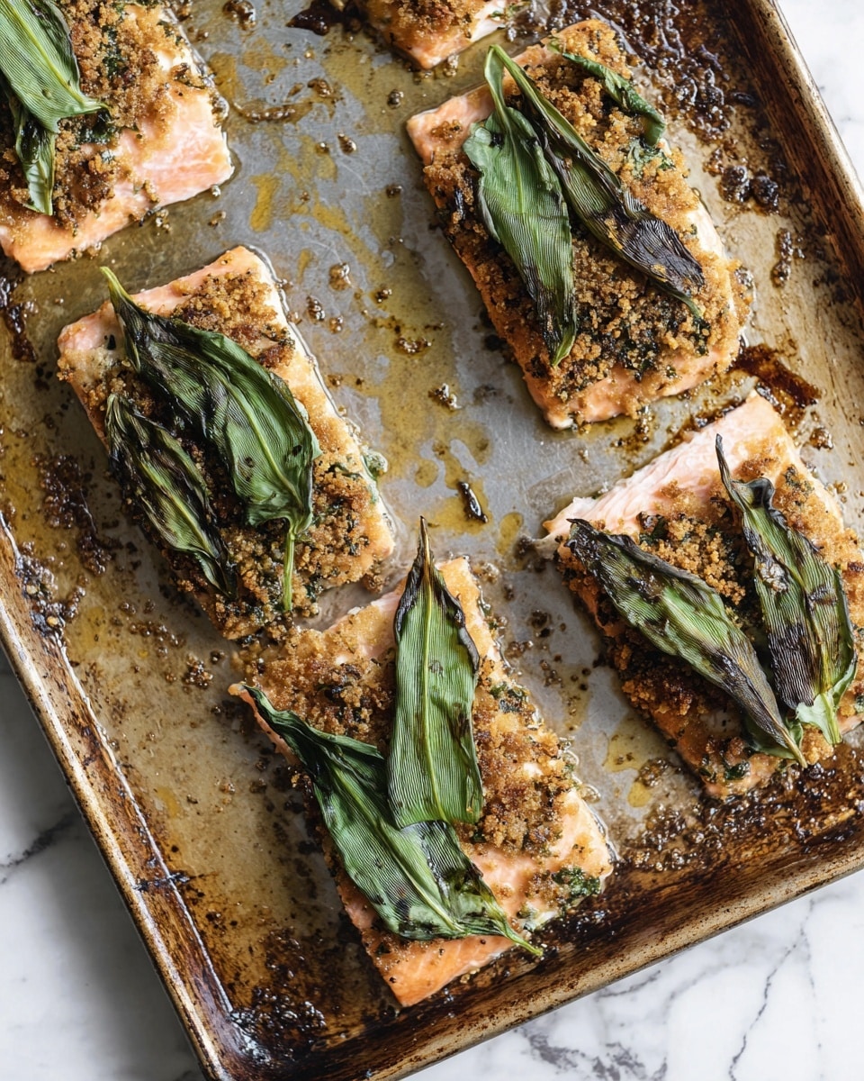 The image shows four pieces of cooked salmon fillets on a metal baking tray with browned bits and oil stains around. Each salmon fillet has three layers: a base layer of pink-orange cooked salmon, a middle crumbly brown greenish herb crust, and on top, a layer of long, dark green cooked leafy greens arranged loosely. The salmon pieces are rectangular and positioned randomly on the tray with a slightly uneven, rustic look. The photo taken with an iphone --ar 4:5 --v 7