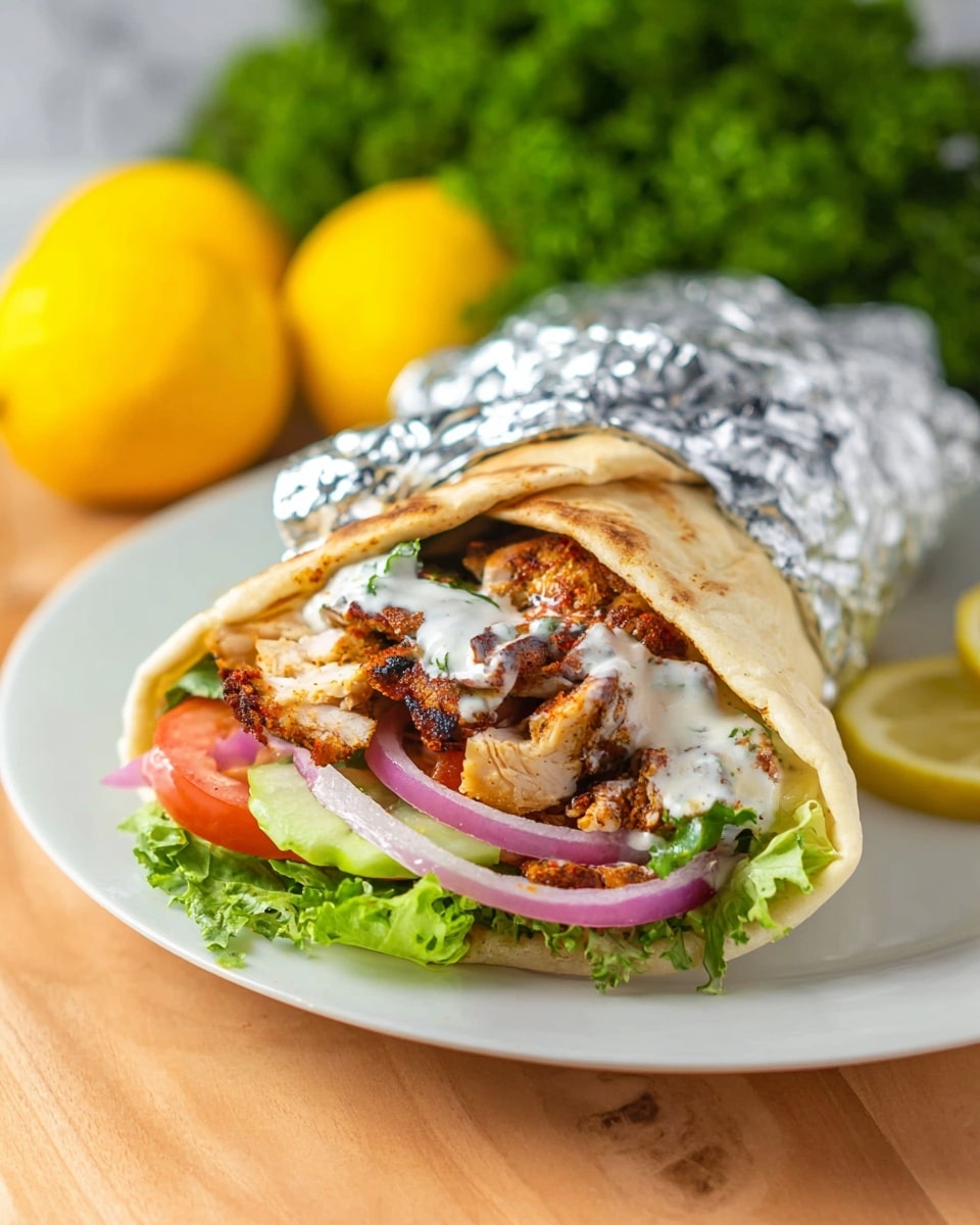 A folded pita bread wrap with three main visible layers sits on a white plate over a white marbled surface: the bottom layer is fresh bright green lettuce with some thin slices of red onion, the middle layer has brown spiced chicken pieces with a grilled texture, and the top layer shows white creamy sauce spread unevenly over the chicken; part of the wrap is covered with shiny silver foil, and in the background, there is blurred green curly lettuce and yellow lemons. Photo taken with an iphone --ar 4:5 --v 7