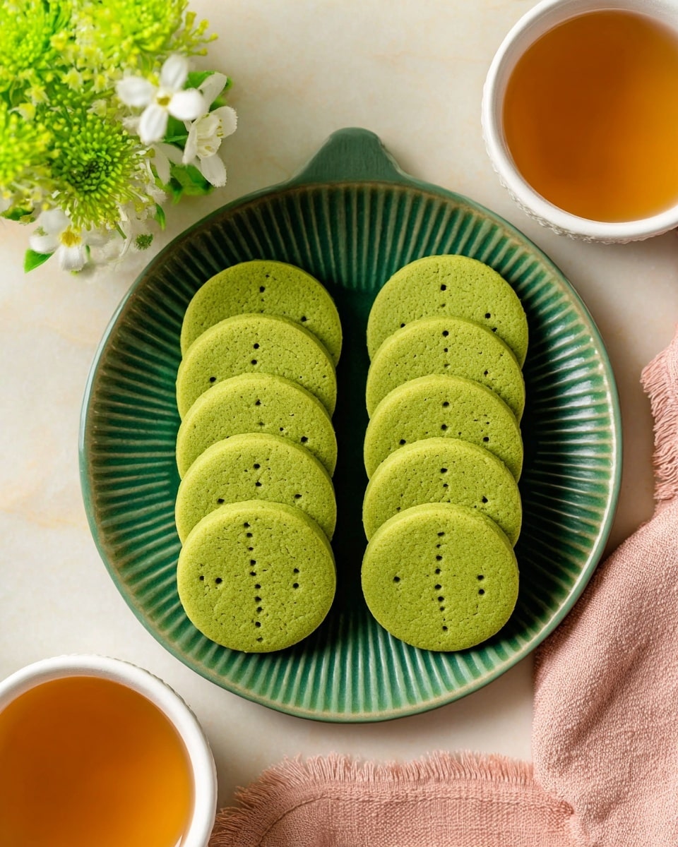 There is a green ceramic plate with deep edges and ridged patterns across its surface holding two neat rows of round green cookies, each cookie having three small holes in the center. The cookies are a smooth, matte green with a firm texture, arranged closely in the middle of the plate. Around the plate, the surface is white marbled texture with two white cups filled with a warm amber liquid visible on the top right and bottom left sides. In the upper left corner, there is a small bouquet of white and bright green flowers. A soft beige cloth is draped on the right edge. photo taken with an iphone --ar 4:5 --v 7
