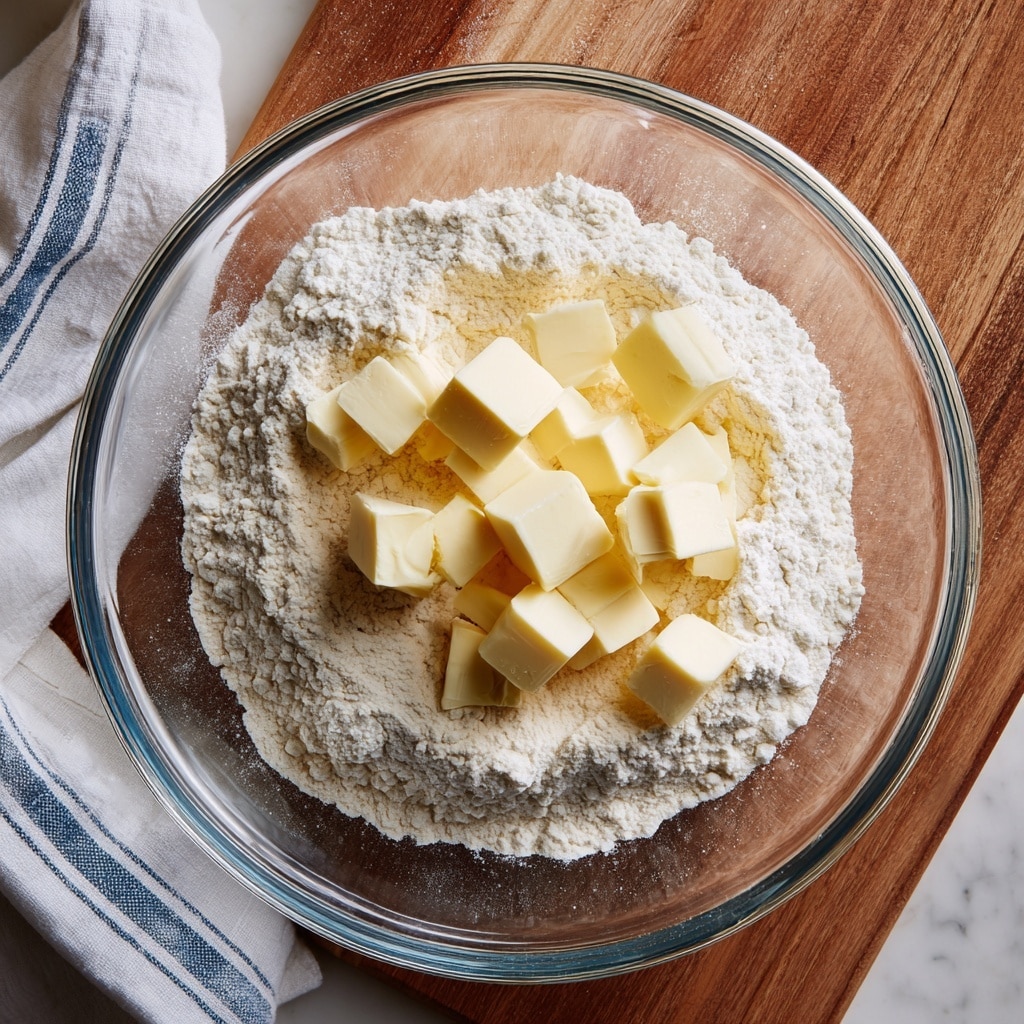 A clear glass bowl holds a base layer of white flour, spread evenly across the bottom with slight mounds around the edges. On top of the flour, in the center, are small cubes of light yellow butter, scattered in a loose pile. To the right side of the bowl, a woman's hand with light skin is visible, resting near the bowl edge. The bowl is placed on a wooden surface with a white and blue striped cloth partially visible in the background. photo taken with an iphone --ar 4:5 --v 7