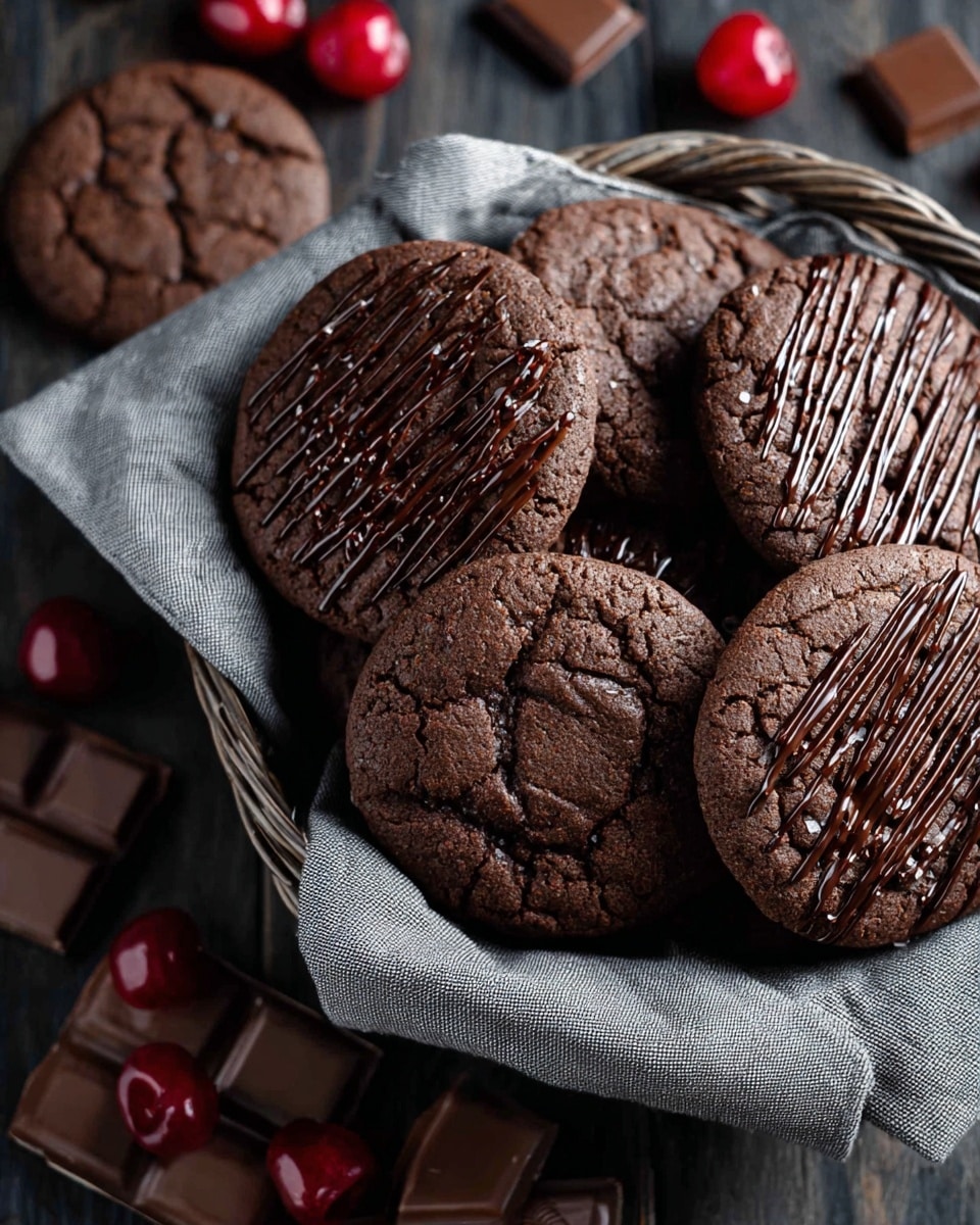 The image shows a basket lined with a light gray cloth filled with large, round chocolate cookies. Each cookie is dark brown, slightly textured, and drizzled with thin lines of melted chocolate on top. The basket sits on a dark wooden surface that is scattered with bright red cherries, small round chocolate pieces, and squares of solid chocolate. The overall look is rich and inviting, with a focus on the deep chocolate colors contrasted by the bright cherries and the gray cloth. photo taken with an iphone --ar 4:5 --v 7