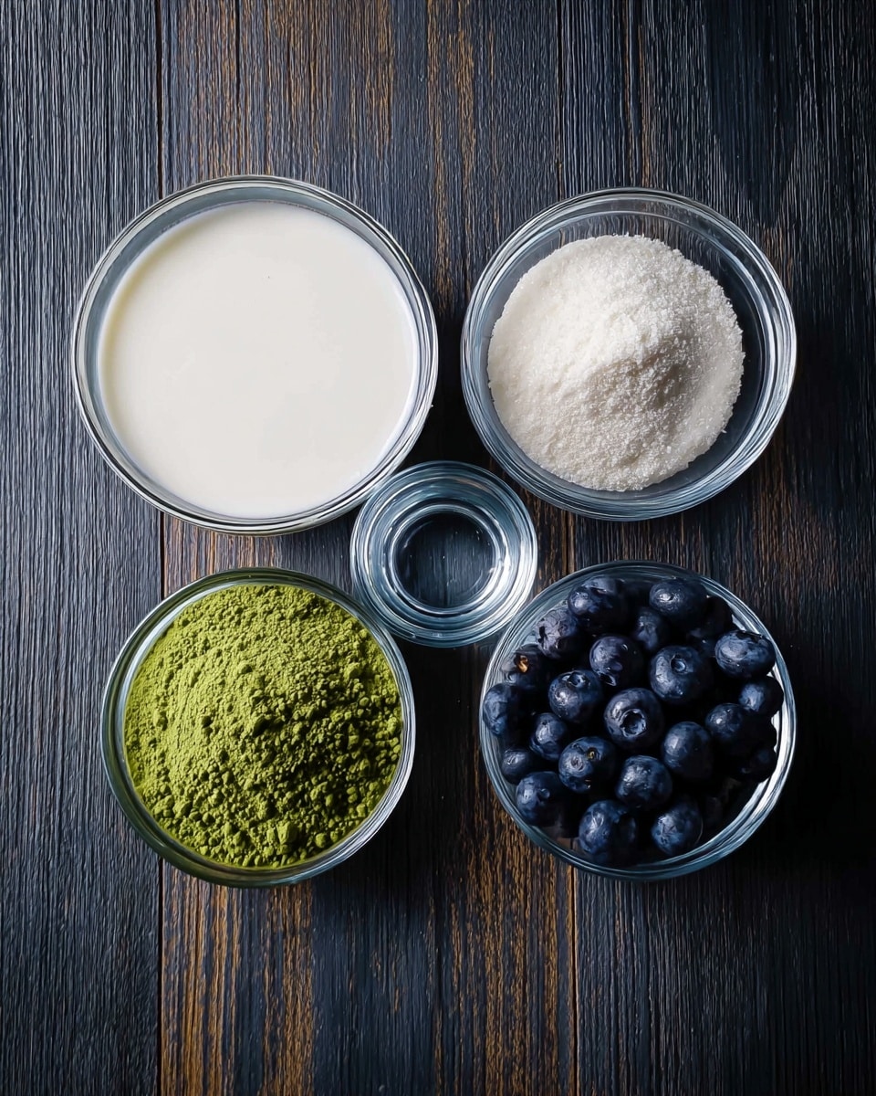 Five small clear glass bowls are arranged on a dark wooden surface. The largest bowl on the left holds white milk with a smooth texture. Next to it, moving right, is a smaller bowl filled with fine white sugar granules. To the right of the sugar, a small glass bowl contains clear water with a shiny surface. Below the water, a bowl holds green matcha powder with a powdery texture. The last bowl on the far right is filled with plump, dark blue blueberries. The setting is simple and clean, with the bowls evenly spaced in a neat layout photo taken with an iphone --ar 4:5 --v 7