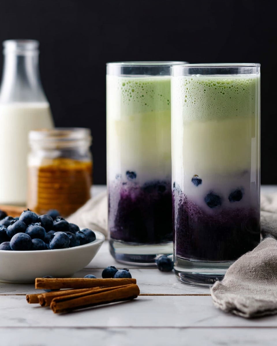 The image shows two tall clear glasses filled with a three-layered drink. The bottom layer is dark purple with some whole blueberries visible inside. The middle layer is milky white, transitioning smoothly into the top layer which is pale green with a frothy texture. The glasses are placed on a white marbled surface, with a bowl of blueberries, a cinnamon stick in a jar, and a bottle of milk in the background. A cloth is casually placed to the side. The overall look is fresh and inviting. photo taken with an iphone --ar 4:5 --v 7