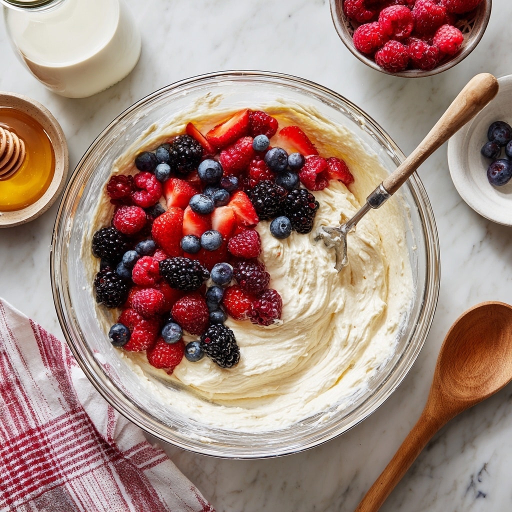 A large glass bowl sits on a wooden board filled with a creamy white mixture containing small red, blue, and black berries mixed inside. On top, there are whole strawberries, blackberries, raspberries, and blueberries placed as garnish. Around the bowl on a white marbled surface are scattered fresh strawberries and raspberries. Two white plates with black patterned edges hold servings of the same creamy berry mixture topped with berries, each accompanied by a spoon. A red and white striped cloth is partially visible on the left side. Photo taken with an iphone --ar 4:5 --v 7