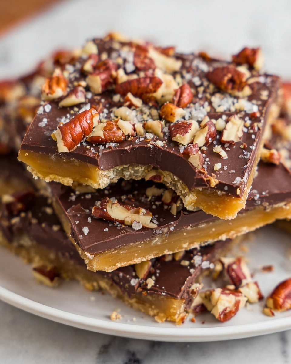 A tall stack of layered toffee bars sits on a white plate with scattered chocolate chips around the base. Each piece shows three clear layers: the bottom layer is a light brown, crispy toffee base, the middle layer is a thick, smooth layer of milk chocolate, and the top layer is dark chocolate covered with chopped pecans, which add a rough texture and reddish-brown color. The stack's edges show some cracks in the chocolate, and pieces of pecans are scattered on and around the bars. The plate is on a white marbled surface with blurred background elements. photo taken with an iphone --ar 4:5 --v 7