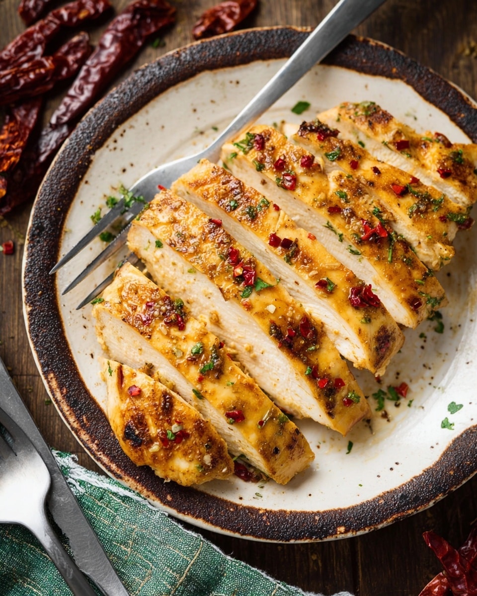The dish shows three grilled chicken pieces with a light golden-brown color and grill marks, placed on top of many lemon slices that appear slightly charred and caramelized. The chicken is sprinkled with small bits of red spices and green herbs, adding texture and contrast to the smooth, cooked surface of the meat. The food is served on a white plate with a smooth texture, and the plate is set on a white marbled surface. photo taken with an iphone --ar 4:5 --v 7