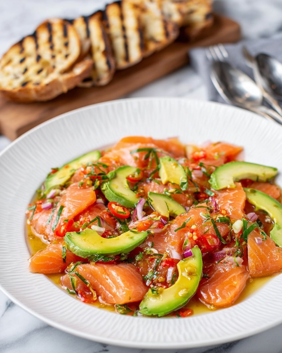 The dish shows thin, bright orange salmon slices spread evenly across a white plate with ridges along the edge, layered with light green, smooth avocado slices placed between the salmon pieces. Small pieces of red onion and red chili flakes are scattered evenly on top, along with thin strips of fresh green herbs, all sitting in a glossy, light brown sauce pooling gently under the salmon and avocado. To the right, toasted bread slices with a light golden brown surface appear on a wooden board, with a metal fork and spoon placed by the plate on a white marbled surface. Photo taken with an iphone --ar 4:5 --v 7