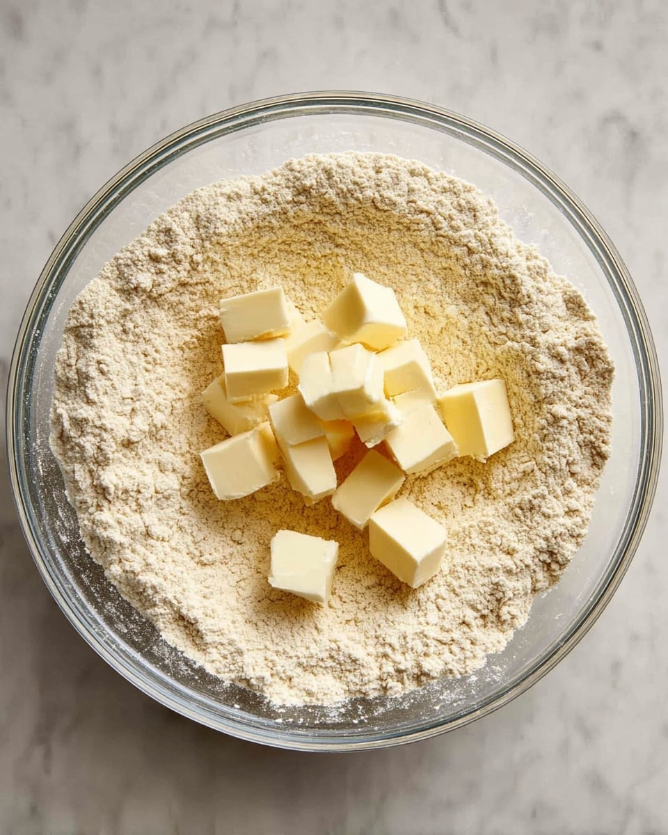 A clear glass bowl is filled with an even layer of light beige flour that covers the whole bottom. On top of the flour, near the center, there are several small cubes of pale yellow butter scattered loosely. The rough texture of the flour contrasts with the smooth, solid butter cubes. The bowl sits on a white marbled surface. photo taken with an iphone --ar 4:5 --v 7