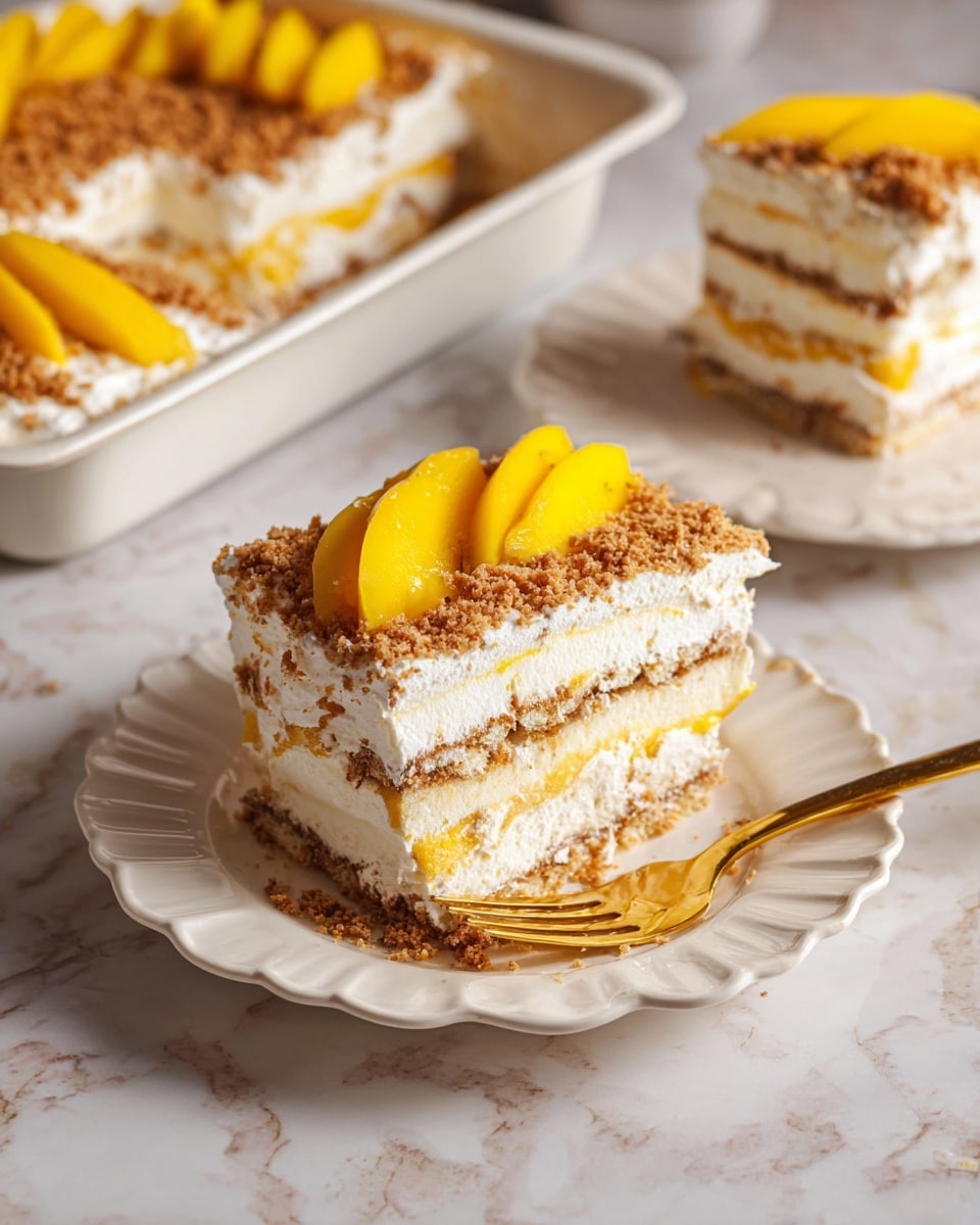 A tray with a dessert cut into square pieces showing four layers: the bottom layer is crumbly and brown, the second layer is white and creamy, the third layer is made of thin bright yellow slices of mango arranged in curved rows, and the top is sprinkled unevenly with more crumbly brown crumbs. The dessert sits on a white marbled textured surface with scattered crumbs around it, and a white gauzy cloth is partially visible to the right side photo taken with an iphone --ar 4:5 --v 7