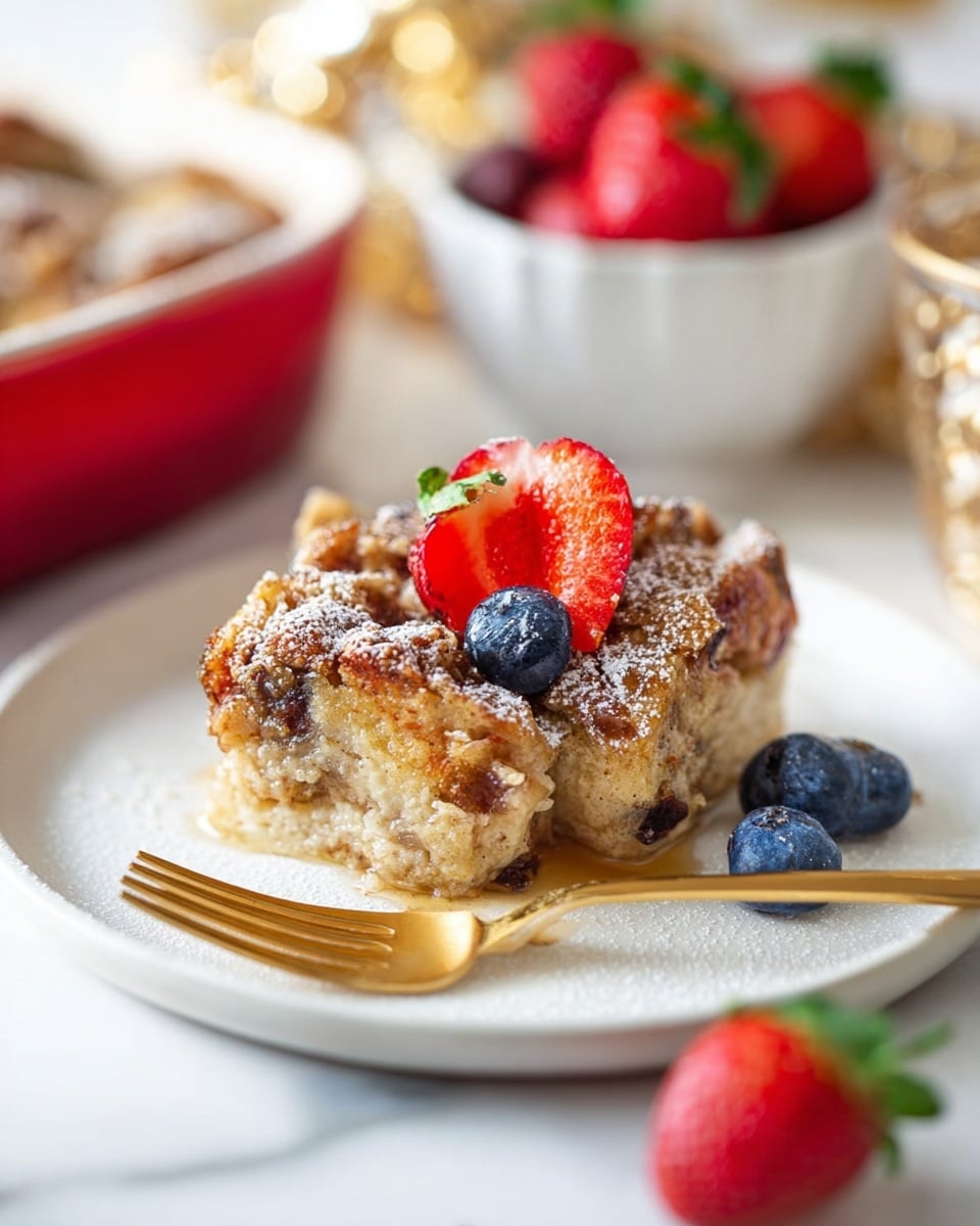 A single serving of baked bread pudding sits in the center of a white plate, showing a thick textured base of soft, light tan bread soaked in custard. The top layer is crumbly and golden brown with a slightly rough texture, sprinkled lightly with powdered sugar. On top of the pudding are three berry pieces: two halved strawberries with red color and visible seeds, and one round dark blue blueberry. Two more whole blueberries lie on the plate near the dessert. A whole strawberry with green leaves is placed near the edge of the plate. In front of the pudding rests a small gold fork with three tines. The plate is set on a white marbled surface. In the blurred background, a white bowl filled with strawberries and blueberries and part of a red baking dish with more pudding are visible. Photo taken with an iphone --ar 4:5 --v 7