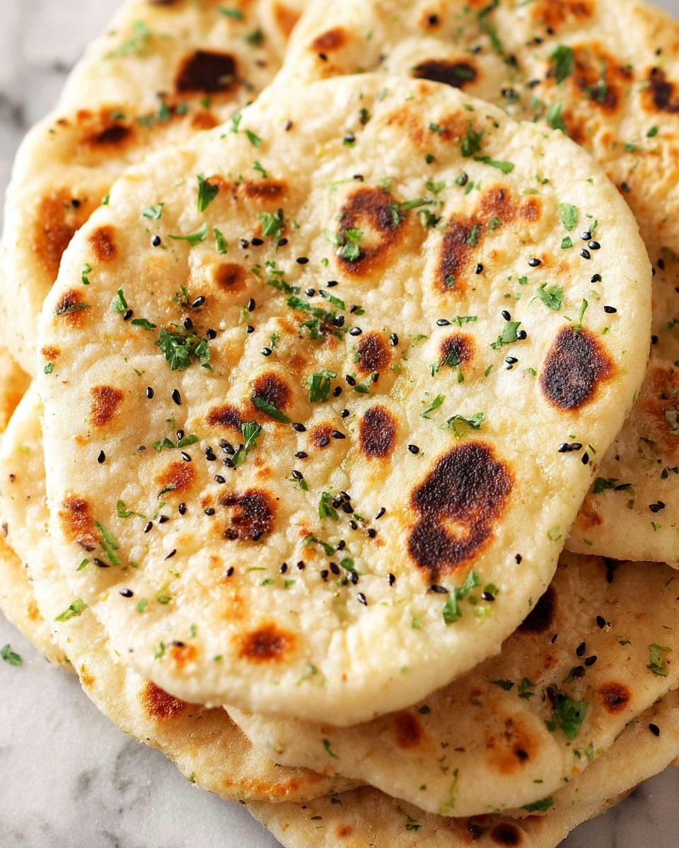 A close-up view of a stack of round flatbreads with a light golden color and darker brown toasted spots scattered on the surface. Each flatbread has a soft, uneven texture with small puffs and is sprinkled with finely chopped green herbs and small black seeds. The flatbreads are layered closely on top of each other with the top flatbread clearly showing the details of the herbs and seeds. The background is a white marbled texture photo taken with an iphone --ar 4:5 --v 7