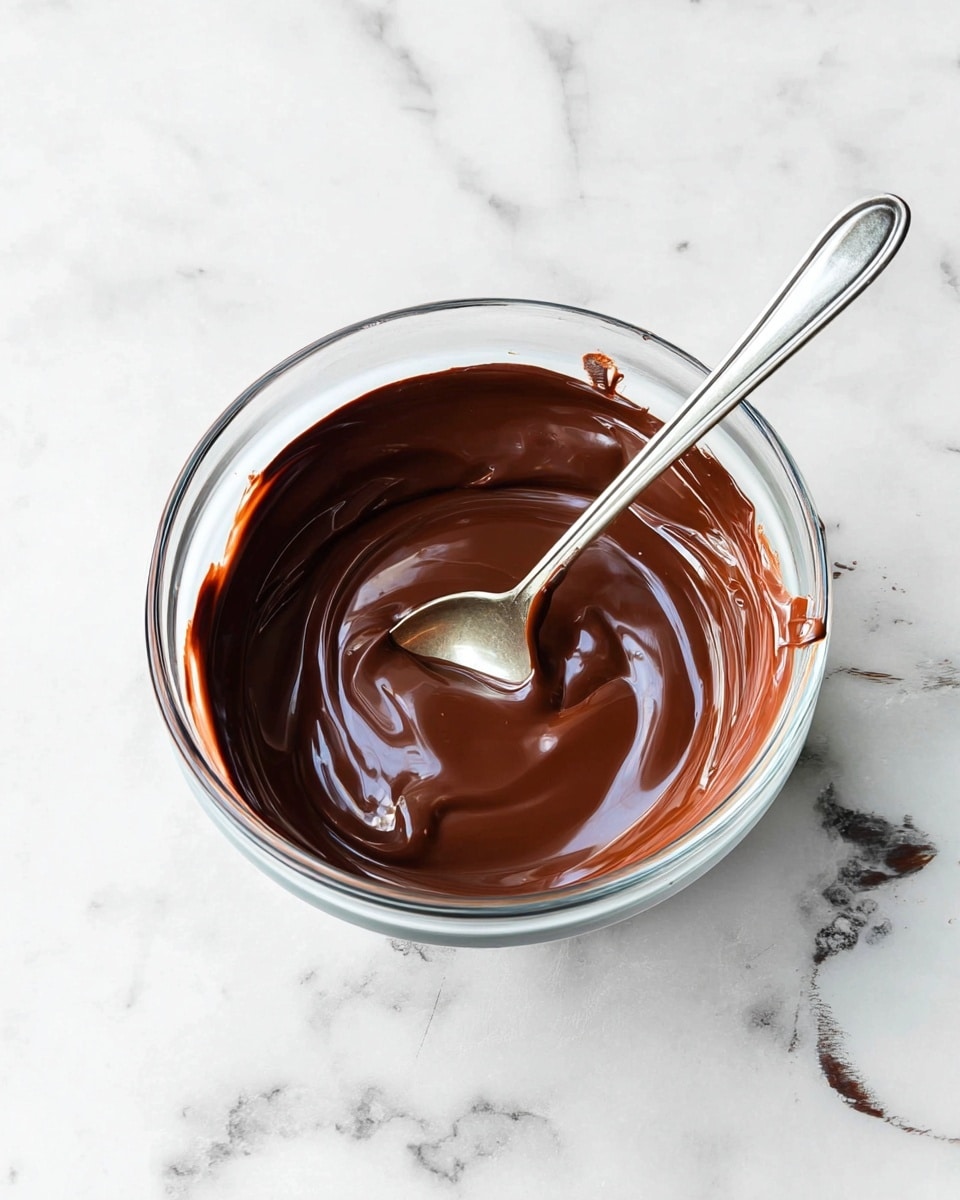 A clear glass bowl filled with smooth, dark brown melted chocolate with a shiny texture. A silver spoon rests inside the bowl towards the right side, partially covered with the chocolate. The bowl is placed on a white marbled surface with grey veins, showing some chocolate smears near the edge. photo taken with an iphone --ar 4:5 --v 7