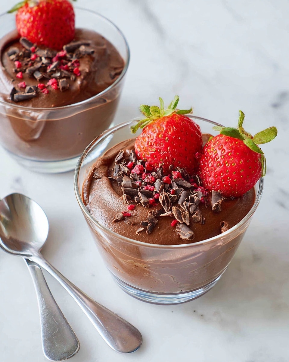 A clear glass cup holds a smooth, dark brown chocolate mousse with a creamy texture, filling the cup almost to the top. On top, there are small pieces of dark chocolate shavings and tiny bits of bright red crumbs scattered around. A fresh, bright red strawberry with a green leafy top rests on the side inside the cup, leaning slightly against the mousse. The cup is placed on a white marbled surface with a silver spoon nearby. Photo taken with an iphone --ar 4:5 --v 7
