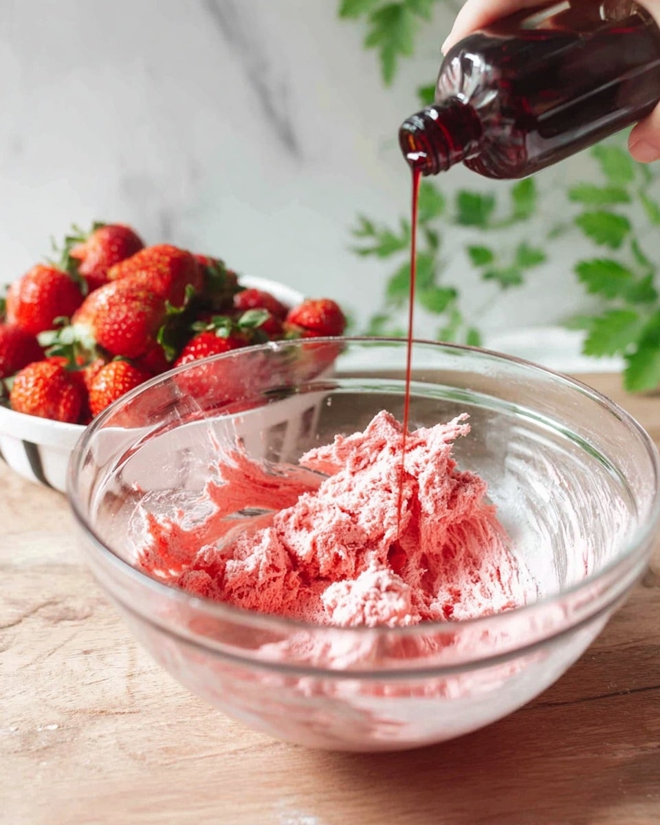 A clear glass bowl sits on a wooden surface with a white marbled texture background, holding a pink creamy mixture with a thick, rough texture spread unevenly inside. A woman's hand pours dark red liquid from a small bottle into the thick pink mixture in the center of the bowl. Behind the bowl, there is a white dish filled with bright red strawberries, and fresh green leaves decorate the scene. The whole setup is bright with natural light. photo taken with an iphone --ar 4:5 --v 7