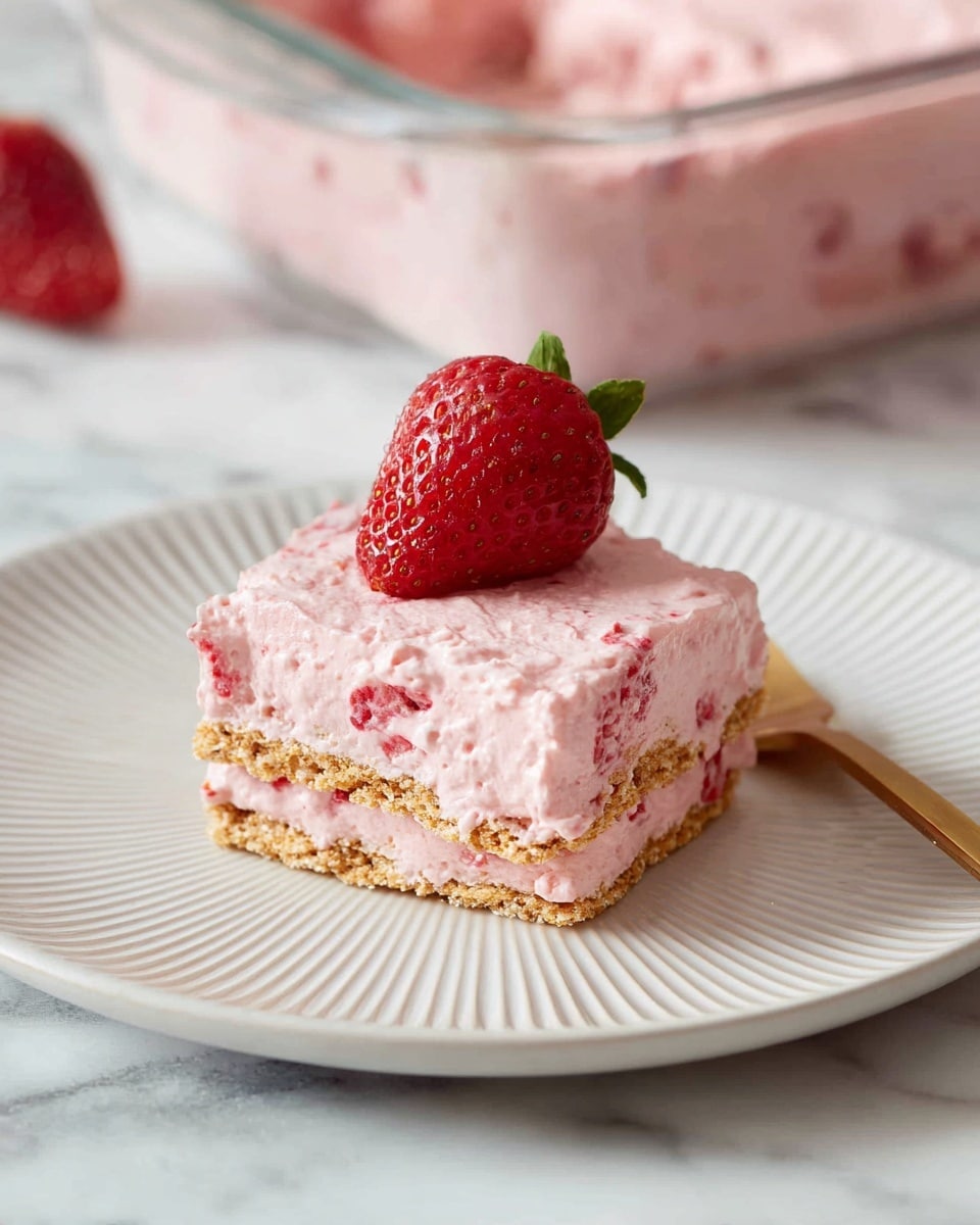 The image shows a small square dessert with two layers of light brown crispy wafers and thick pink cream in between and on top. The pink cream has a smooth texture with bits of red fruit mixed inside. A bright red strawberry with a green crown sits on top of the dessert. The dessert is placed on a white plate with a ridged pattern, on a white marbled surface. In the background, there is a transparent container filled with more of the pink cream mixture. photo taken with an iphone --ar 4:5 --v 7