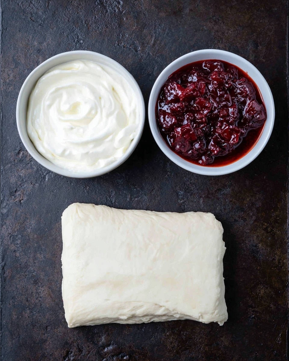 The image shows three items on a dark textured surface: a block of white soft dough with a smooth and slightly wrinkled texture at the bottom, above it on the left is a white bowl filled with creamy white yogurt that has a thick and smooth surface, and next to it on the right is another white bowl containing a deep red chunky sauce or relish with visible pieces and a shiny, wet look. The items are neatly arranged with the bowls side by side on top and the dough block below. photo taken with an iphone --ar 4:5 --v 7