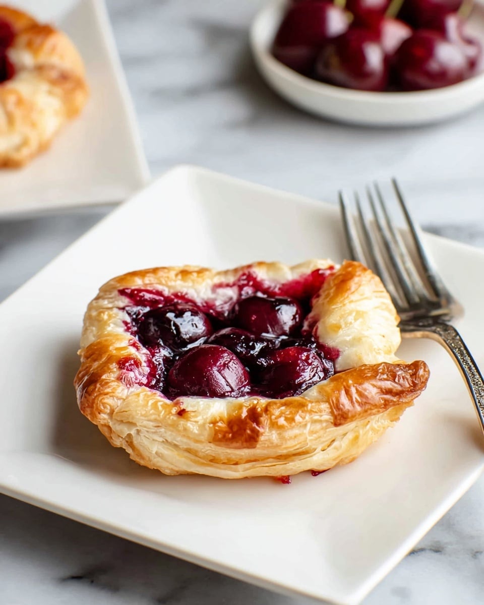 A white rectangular plate holds six golden puff pastries, each with three visible layers: a flaky, golden-brown outer crust, a middle layer of creamy white filling, and a top layer of deep red cherry topping with some whole cherries still attached to stems on two pastries. The pastries have slightly crimped edges and a shiny, glazed look. The plate sits on a white marbled surface with loose cherries scattered around and two vintage silver forks to the side. Photo taken with an iphone --ar 4:5 --v 7