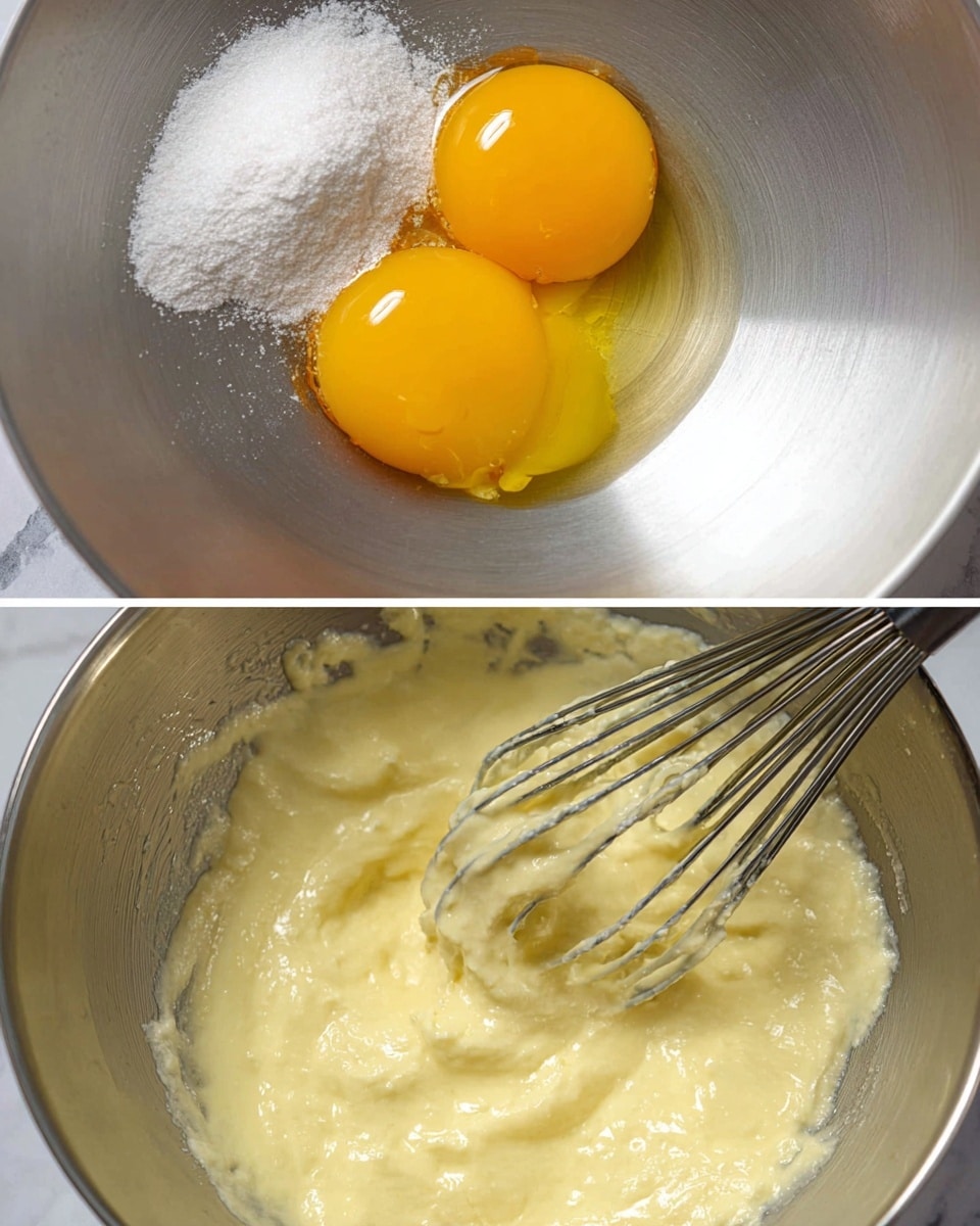 The image shows two close-up shots of a metal mixing bowl on a white marbled surface. The top part has two bright yellow egg yolks beside a small pile of white sugar on the left side of the bowl. The bowl’s smooth, shiny metal texture reflects light softly. The bottom part shows the bowl with the eggs and sugar mixed into a pale yellow creamy batter with a smooth, thick texture. A metal whisk with thin wires is partially visible on the right side, blending the mixture. photo taken with an iphone --ar 4:5 --v 7