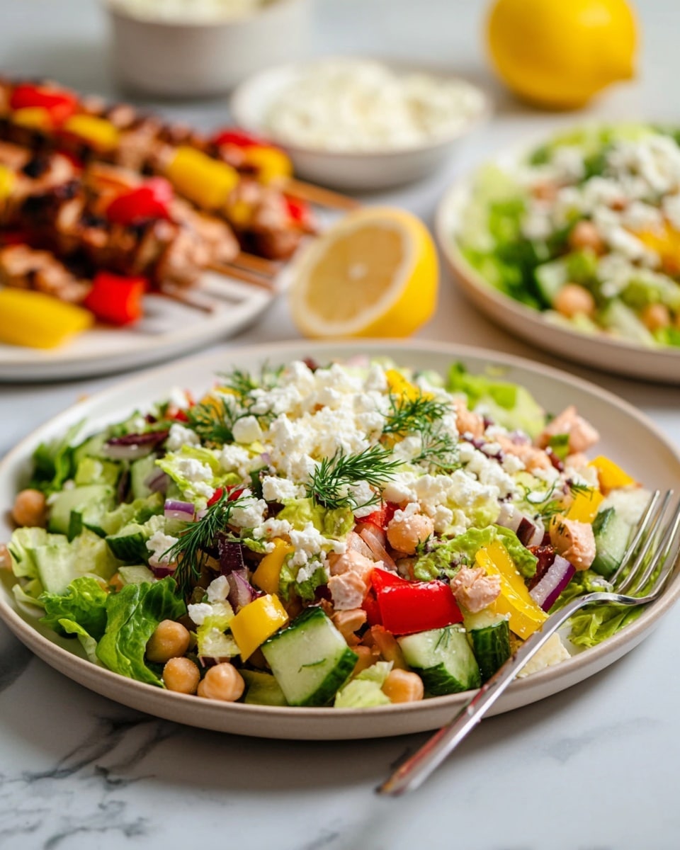 The image shows a colorful salad served on a white plate with a white marbled surface underneath. The salad has multiple layers including chopped light green lettuce, red cherry tomato halves, cucumber chunks, yellow pepper slices, sliced black olives, diced light-colored chicken, pale beige chickpeas, and bits of red onion. It is topped with a creamy white dressing drizzled across the salad and garnished with sprigs of fresh dill. Two wooden salad spoons with white handles rest on the plate. Around the plate, there is a small bowl of crumbled white cheese and a small metal cup with creamy dressing. The photo taken with an iphone --ar 4:5 --v 7