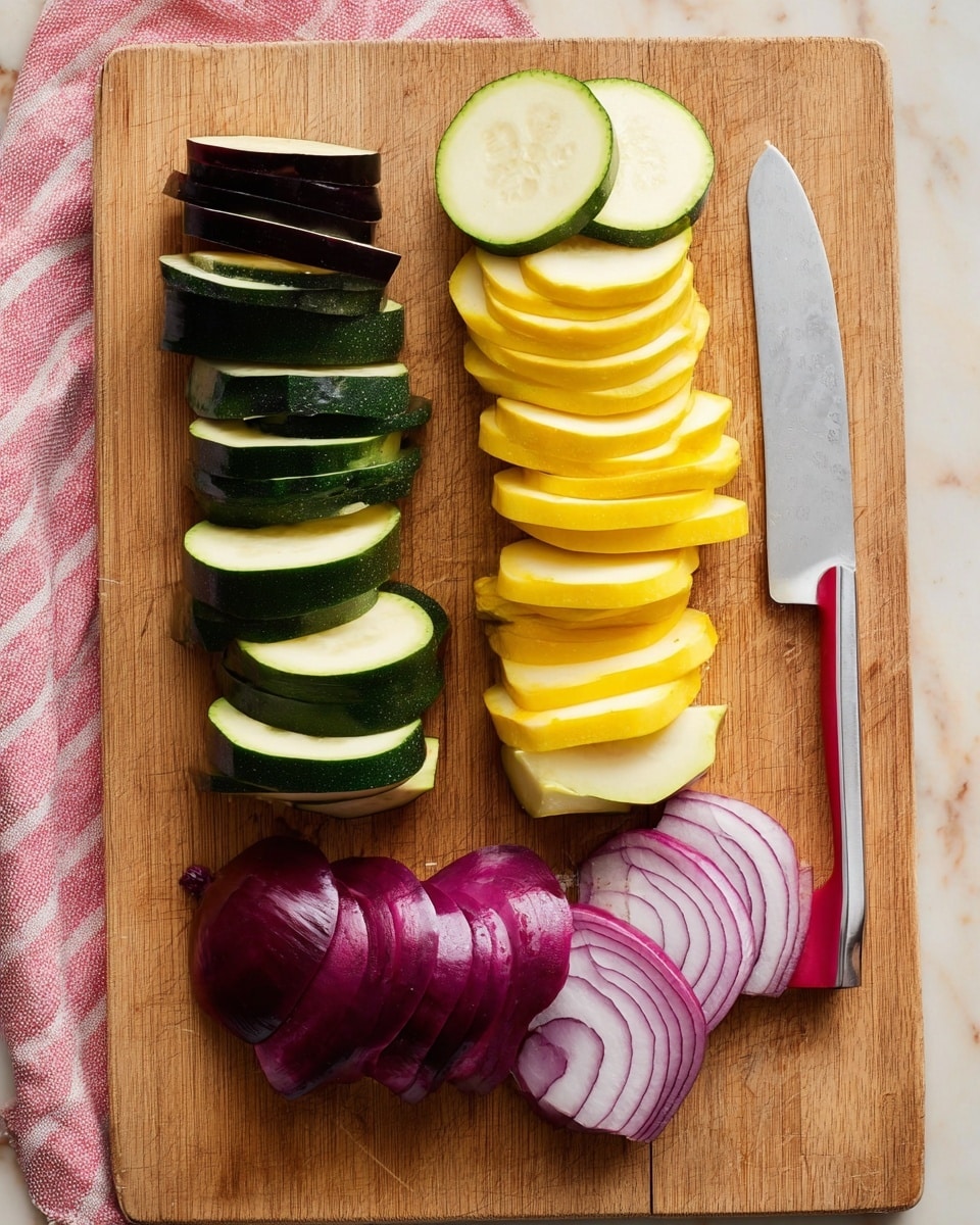 The image shows a wooden cutting board with three stacks of sliced vegetables arranged vertically from left to right: dark purple eggplant with pale greenish flesh, bright yellow squash with light yellow flesh, and dark green zucchini with pale green flesh. Below these stacks are several pieces of thick-cut red onion with shiny, deep purple outer skin and white inner layers visible. A large knife with a silver blade and a red and white handle rests to the right side of the zucchini stack. The scene is set on a white marbled textured surface with a pink and white striped cloth visible in the bottom left corner. photo taken with an iphone --ar 4:5 --v 7