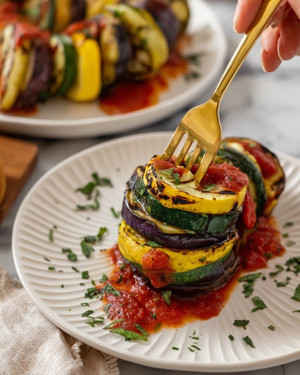 Two vegetable skewers lie on a white oval plate with a scalloped edge, placed on a white marbled surface. Each skewer has layers of green zucchini, yellow squash, and dark purple eggplant slices, arranged alternately. The vegetables have a grilled texture with slight char marks. A red tomato sauce is spread in a thick line along the top of both skewers. Small green herb pieces are sprinkled on the plate around the skewers. Nearby, there are stacked white plates with golden forks, and a cream-colored sauce boat with more red sauce. The photo taken with an iphone --ar 4:5 --v 7