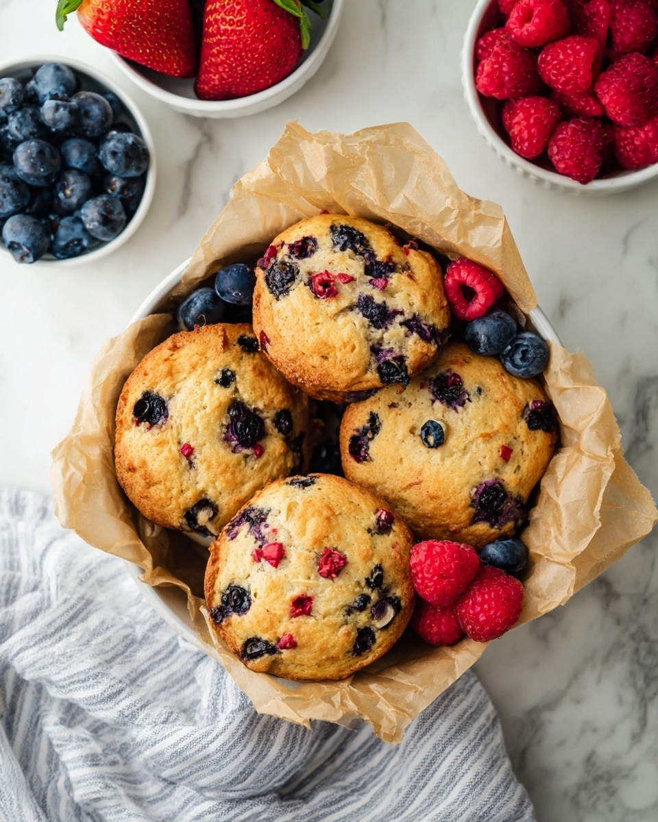 A white bowl lined with crumpled light brown parchment paper holds five golden-brown muffins studded with dark blueberries and small red berry pieces. Surrounding the muffins inside the bowl are bright red raspberries and a small white cup filled with plump blue blueberries. Part of a white bowl with large red strawberries is visible at the top left, and another similar white bowl with red raspberries is seen at the top right. The scene sits on a white marbled surface with a soft gray and white striped cloth partially visible at the bottom. photo taken with an iphone --ar 4:5 --v 7