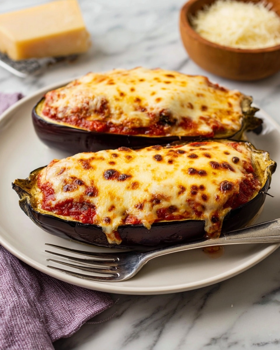 Two halves of baked eggplant sit side by side on a parchment-lined baking tray. Each half has a base layer of soft, roasted purple-brown eggplant with a thick layer of red tomato sauce spread evenly on top. A layer of melted, bubbly white cheese covers the tomato sauce, with one half sprinkled with small bits of dark red chili flakes. The baking tray rests on a white marbled surface surrounded by small bowls of grated cheese and tomato sauce, fresh green parsley sprigs, silver forks on the right, and a blue and white striped towel. Photo taken with an iphone --ar 4:5 --v 7