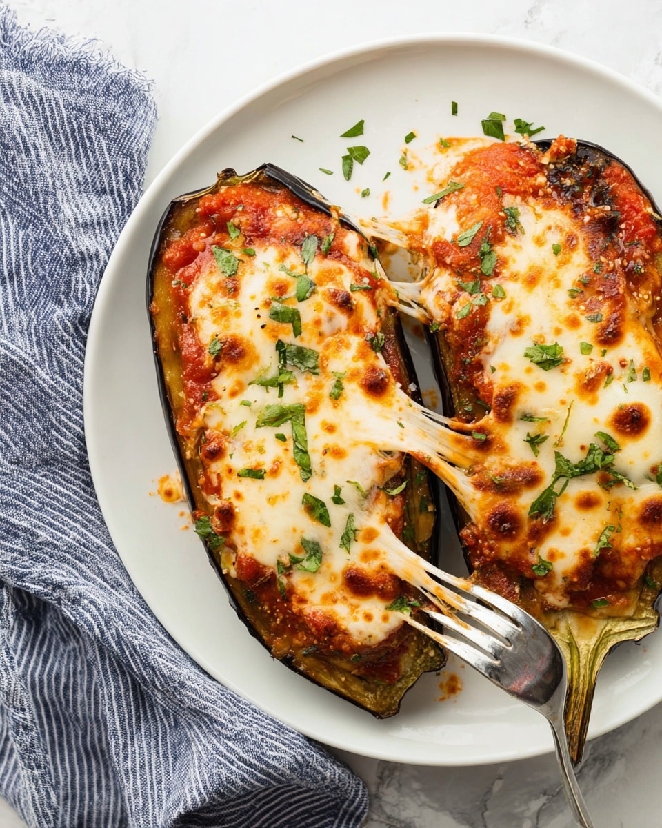 Two halves of eggplant are placed on a white plate, each filled with red tomato sauce and topped with a thick layer of melted golden-yellow cheese with brown spots. The eggplants have dark purple skins and smooth, shiny textures, with some cheese slightly dripping down the sides. A silver fork rests on the plate near the front eggplant. The plate is set on a white marbled surface with a small bowl of grated cheese blurred in the background. Photo taken with an iphone --ar 4:5 --v 7