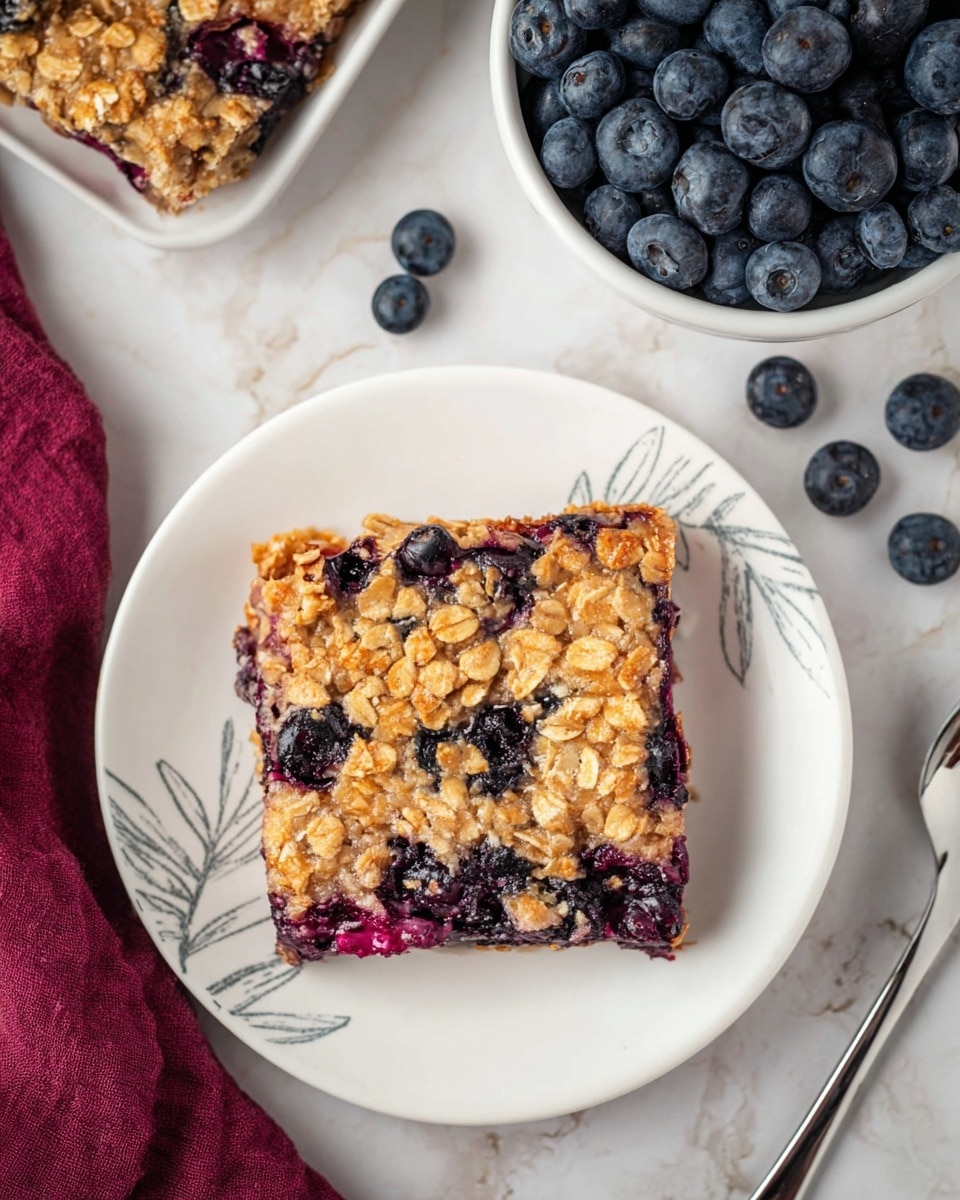 A square blueberry oat bar sits in the center of a white plate with curved edges, featuring a golden-brown oat crust layered with dark purple baked blueberries creating a textured, slightly uneven surface. On top in the middle, there is a small dollop of white whipped cream sprinkled lightly with fine brown cinnamon powder. Around the plate, scattered fresh whole blueberries add a deep blue color contrast. To the right of the plate, a silver fork rests on a white marbled surface, while a dark red textured cloth lies to the left of the plate. Photo taken with an iphone --ar 4:5 --v 7