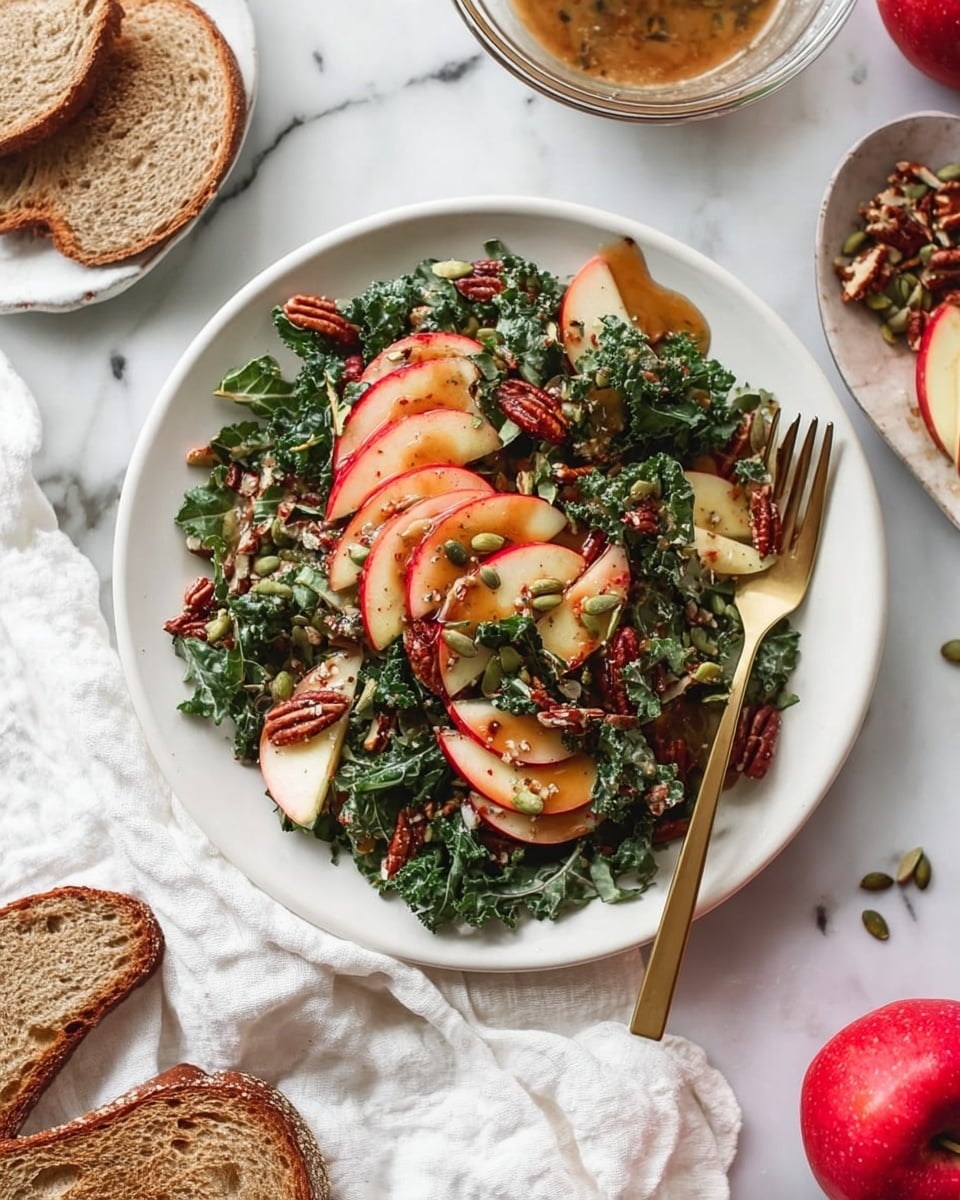 A white plate holds a salad with three main layers: at the bottom, dark green kale leaves with a slightly curly texture; on top of this, thin slices of red and light yellow apple arranged in a loose circle; and scattered all over are toasted brown pecans and light green pumpkin seeds adding crunch. The salad is drizzled with a brownish vinaigrette dressing that glistens on the apple slices and greens. A gold fork rests on the right side of the plate. Around the plate, there is a white cloth napkin, part of a glass bowl with dressing on the top left, two slices of toasted brown bread on the bottom left, and a red apple on the bottom right, all placed on a white marbled surface. Photo taken with an iphone --ar 4:5 --v 7
