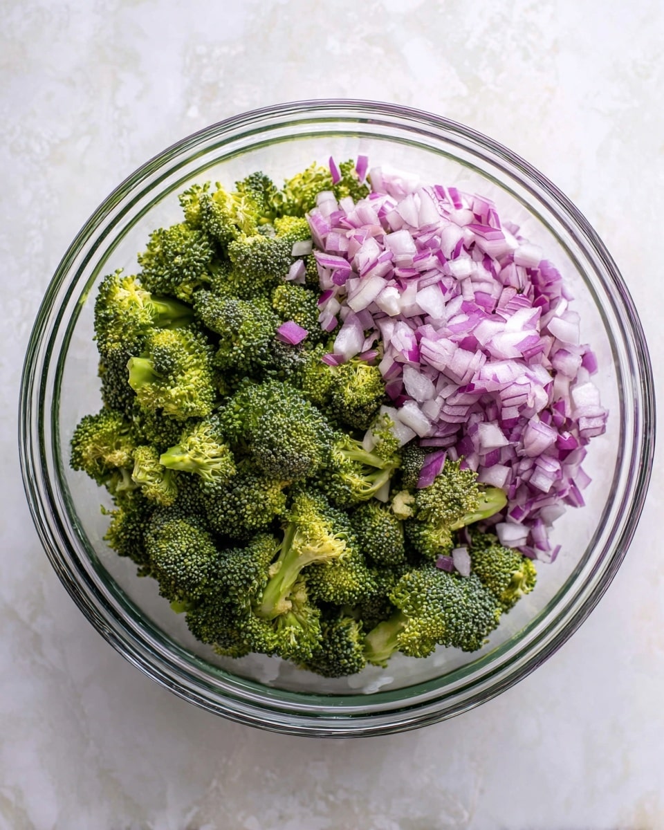 A close-up view of a salad in a white bowl with a ribbed pattern, sitting on a white marbled surface. The salad has three main layers: bright green broccoli florets, light orange shredded cheese scattered evenly on top, and small pieces of browned bacon mixed throughout. There are also thin rings of pale green pickled jalapeños and some bits of purple onion visible. The salad is coated lightly in a creamy dressing that adds a glossy texture. A gold fork is placed inside the bowl on the right side. photo taken with an iphone --ar 4:5 --v 7