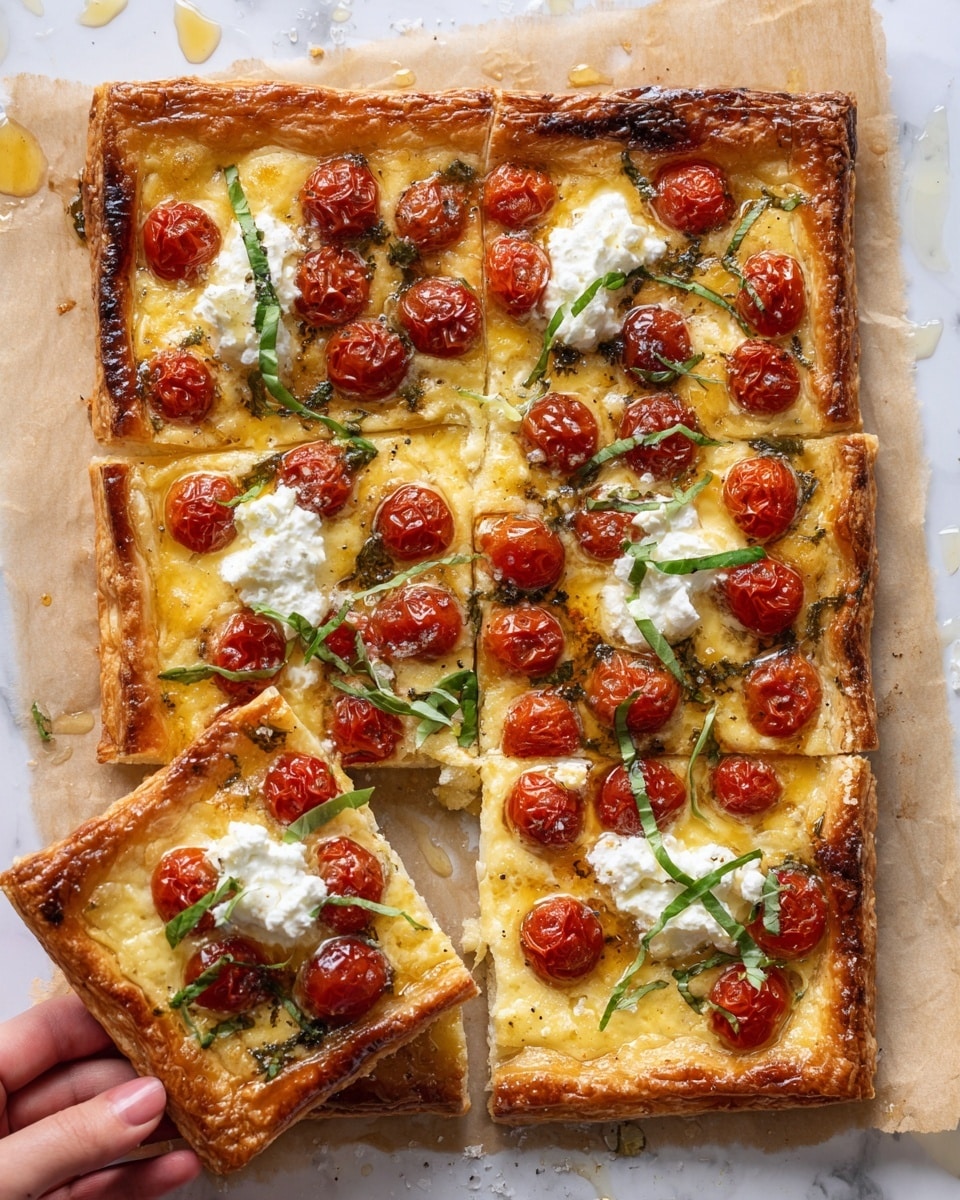 A square puff pastry tart is placed on light brown parchment paper over a white marbled surface; the pastry is golden brown with slightly darker, crispy edges. The base layer is the flaky crust, topped with melted cheese that gives a creamy, bubbling yellow tone. Scattered evenly on top are small roasted cherry tomatoes that are bright red with wrinkled skins. Dollops of white ricotta cheese sit beside the tomatoes, creating a soft texture contrast. Thin strips of fresh green basil leaves are sprinkled over the entire tart. The tart is sliced into four square pieces, with a woman’s hand holding one of the lower corner slices. The whole scene is bright and warm, showing small flakes of coarse salt on the tart and a drizzle of golden oil around it. Photo taken with an iphone --ar 4:5 --v 7