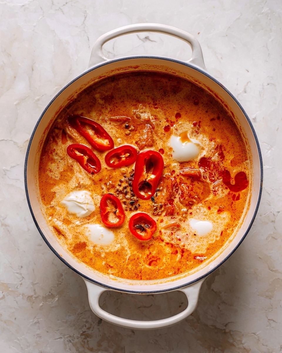 A white pot with two handles holds a thick, creamy orange sauce base with red oil spots and streaks. Floating in the sauce are several slices of red bell pepper rings and white creamy blobs scattered on the surface. The pot is placed on a white marbled textured surface, and the sauce has a rich and hearty texture with visible spices and smooth cream. Photo taken with an iphone --ar 4:5 --v 7