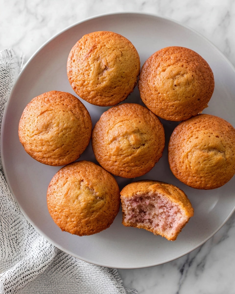 There are eight light brown muffins with a slightly pink tint on top, showing a soft, slightly bumpy texture. They are placed closely together on a large white plate with a smooth surface. One muffin has a bite taken from it, showing a lighter pink inside with a soft texture. The plate sits on a white marbled surface, and a white and gray patterned cloth is partially visible under the top left edge of the plate. photo taken with an iphone --ar 4:5 --v 7