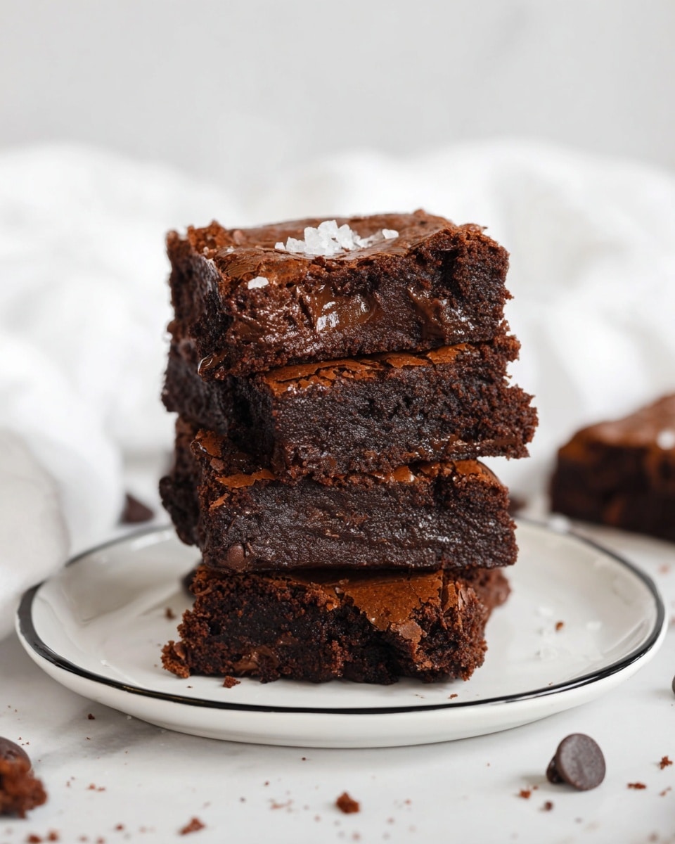 A stack of four thick, dark brown brownies with a shiny, slightly cracked top layer sits centered on a white plate with a thin black rim. Each brownie layer shows a moist, dense, and fudgy texture with some melty chocolate bits visible inside. A few flakes of sea salt lightly sprinkle the top brownie. The plate rests on a white marbled surface scattered with a few dark chocolate chips and small brownie crumbs. The background is softly blurred with white fabric, giving a clean, cozy feel. photo taken with an iphone --ar 4:5 --v 7