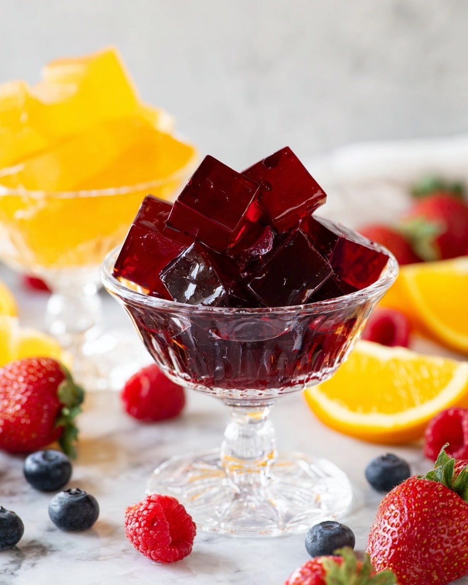 A clear glass bowl is filled with bright red jelly cubes, each with smooth, shiny surfaces and visible lines and edges, stacked to the top of the bowl. The bowl sits on a white marbled surface scattered with colorful fruit pieces around it, including orange wedges, blueberries, raspberries, and sliced strawberries, adding bursts of orange, blue, red, and green colors around the bowl. The focus is on the jelly cubes, showing their translucent, gelatin-like texture and deep red color. photo taken with an iphone --ar 4:5 --v 7