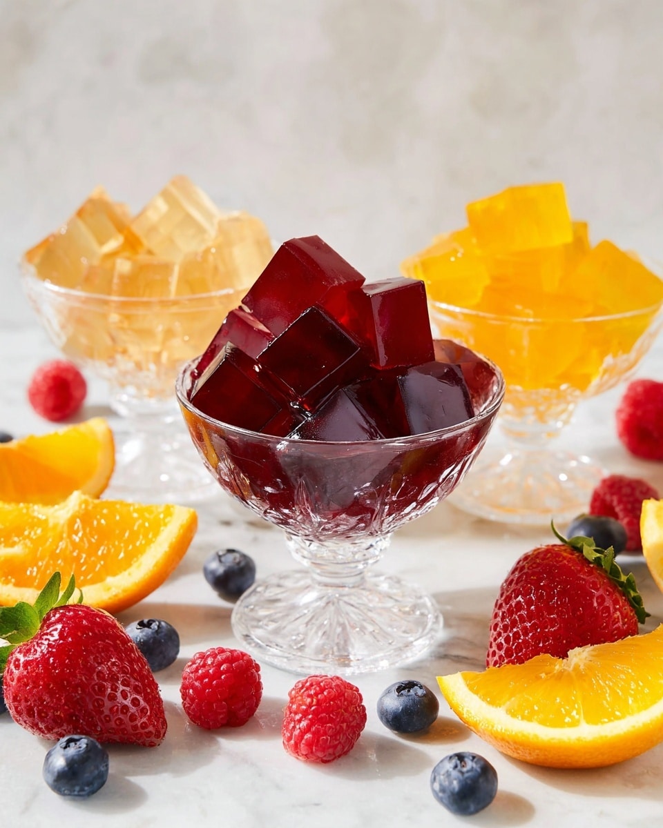 A clear glass dessert cup filled with two layers of deep red jelly cubes that have a shiny, smooth texture, stacked closely on top of each other; the cup is placed on a white marbled surface with scattered fresh fruits around it, including bright red strawberries, raspberries, and dark blue blueberries. In the background, there's another clear glass cup with yellow jelly cubes, and slices of orange are also visible, creating a fresh and colorful scene; the lighting highlights the glossy surface of the jelly cubes, making them look juicy and translucent. photo taken with an iphone --ar 4:5 --v 7