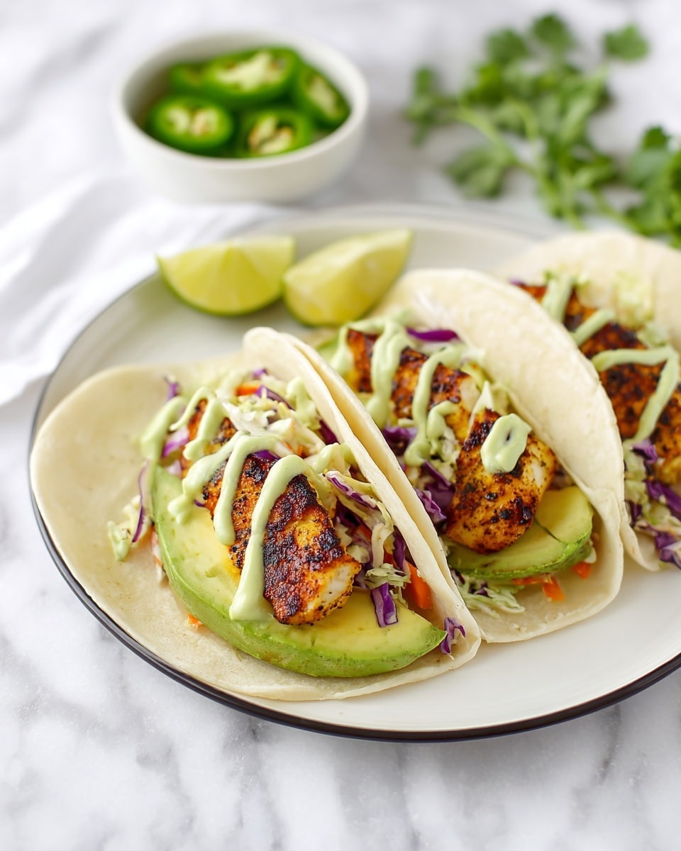 Three soft corn tortillas are filled with layers starting with slices of green avocado at the bottom, followed by pieces of grilled white fish with golden brown edges, then topped with shredded purple cabbage and small bits of orange carrot. Green cilantro leaves are scattered across the top, and a pale green sauce is drizzled over everything. On the side of the white plate with a black rim, there is a small white bowl with slices of green jalapeño peppers and two lime wedges. The plate sits on a white marbled surface. Photo taken with an iphone --ar 4:5 --v 7