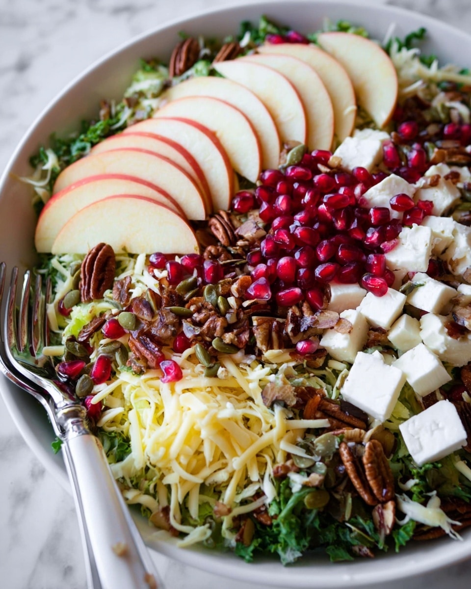 A white plate filled with a colorful salad layered with various ingredients; the bottom layer is finely chopped green leafy vegetables, mixed with shredded light yellow cheese. On top of this, there are neatly arranged thin slices of red apple with visible skin on opposite sides of the plate. Scattered across the center are bright red pomegranate seeds adding a juicy contrast. Cubes of white cheese and chunks of crumbly white cheese are spread over the salad. Roasted brown pecans and pumpkin seeds are also sprinkled throughout, adding texture and depth. A white-handled silver fork lies on the right side of the plate, all set on a white marbled surface. Photo taken with an iphone --ar 4:5 --v 7