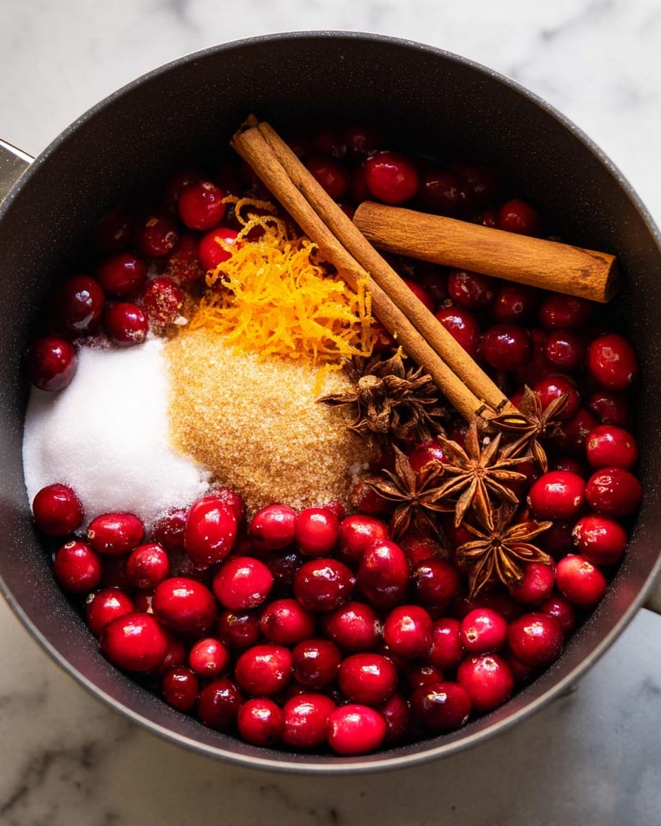 A black cooking pot contains bright red fresh cranberries scattered around the base, topped with two long cinnamon sticks placed diagonally. To one side, there is a small pile of orange zest, adding a bright, textured layer. In the center, there are light brown sugar, a small heap of white granulated sugar, and several star anise pieces arranged neatly on top, creating a mix of smooth and grainy textures. The background is a white marbled surface. photo taken with an iphone --ar 4:5 --v 7