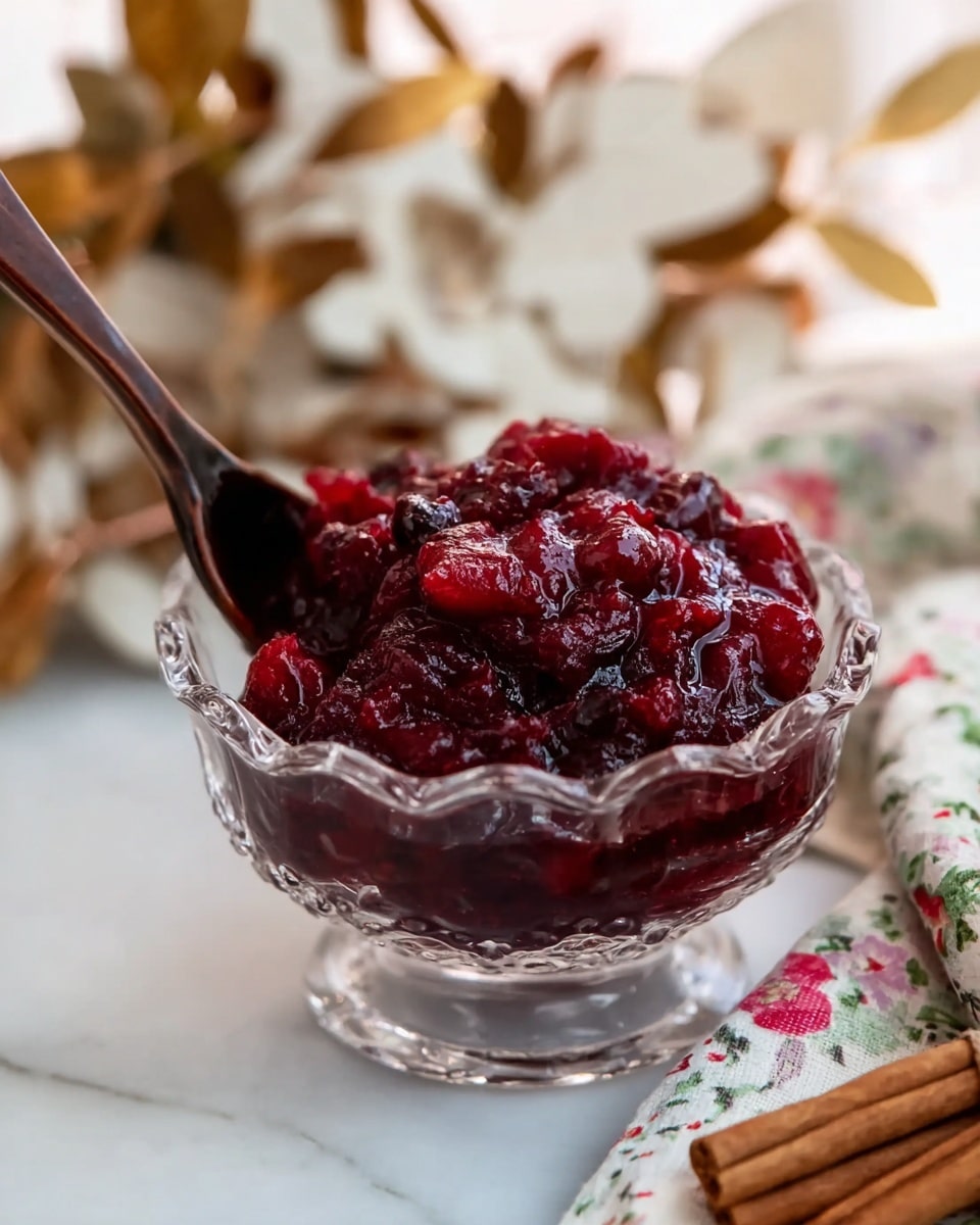 A small glass jar filled with chunky red berry sauce showing visible pieces of fruit, the sauce has a shiny, slightly textured surface. A silver spoon is placed inside the jar with its handle resting on the edge. The jar sits on a white marbled surface surrounded by two cinnamon sticks and several dark brown star anise pods scattered around. In the background, soft patterned fabric with green and rust-colored leaves adds a warm touch. Part of a furry light brown object is visible on the right side of the image. Photo taken with an iphone --ar 4:5 --v 7
