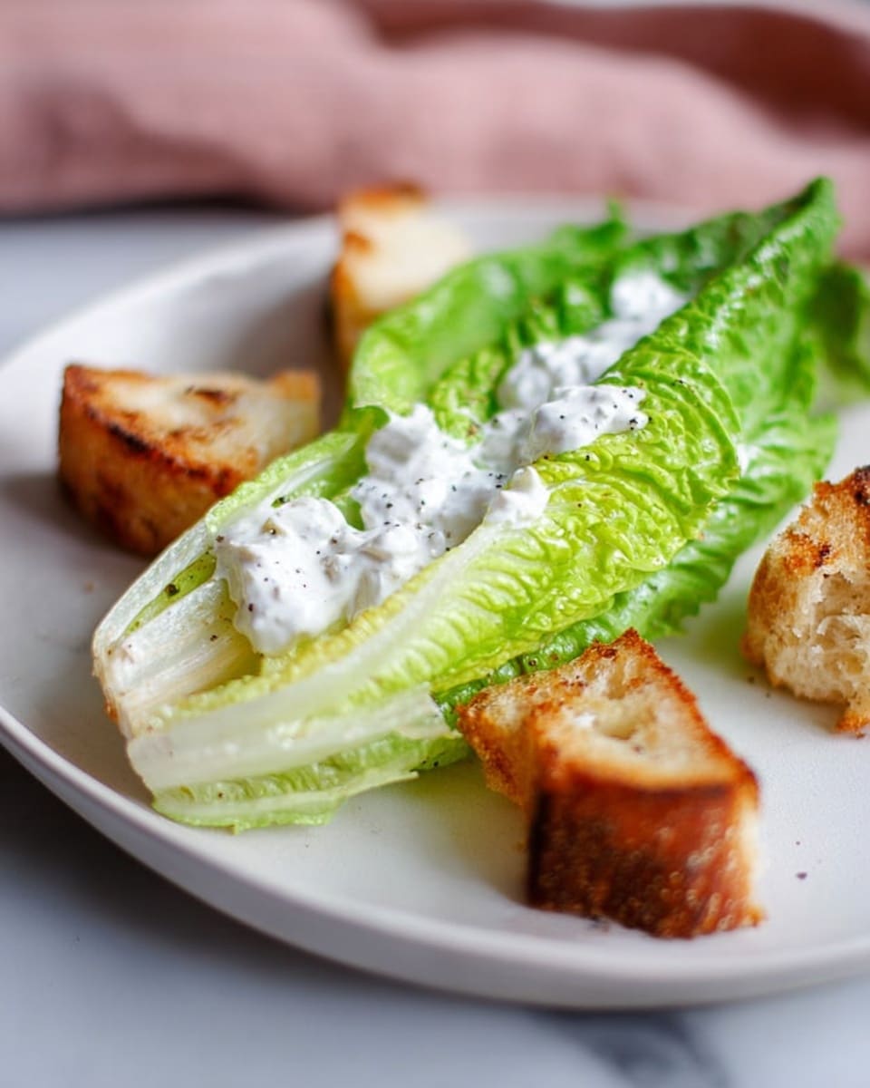 A white plate holds a small romaine lettuce leaf as the base, its bright green crisp texture showing clear layers from top to bottom. On top of the lettuce, there are dollops of creamy white dressing with small black specks, spread unevenly along the leaf. Placed on and around the lettuce are four thick, golden brown toasted bread pieces with a crunchy and airy texture. The background is a white marbled surface, and a soft pink cloth is slightly visible in the blur. photo taken with an iphone --ar 4:5 --v 7