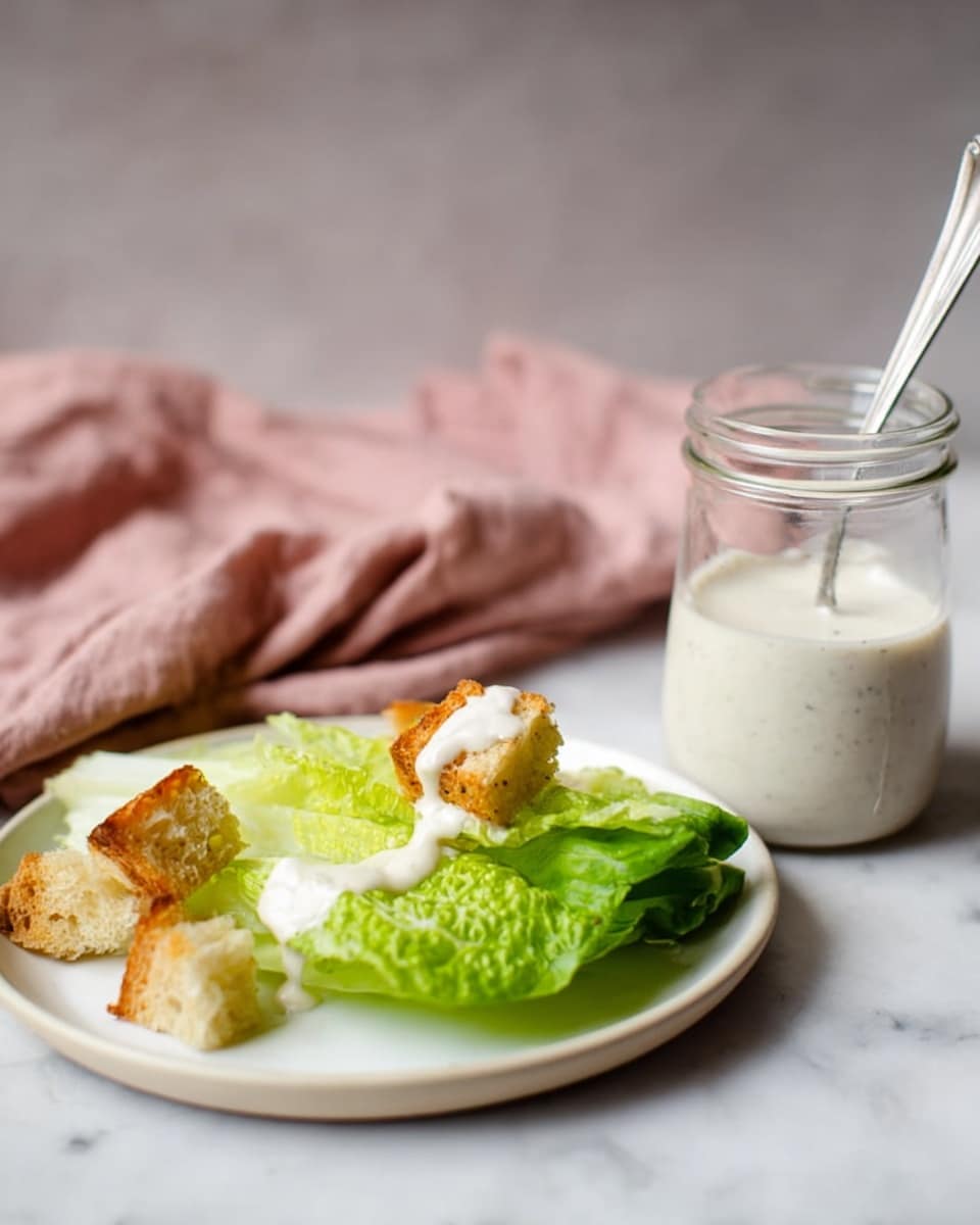 A white plate on a white marbled surface has a small lettuce leaf at the bottom, topped with three toasted golden-brown bread pieces placed unevenly. There is a light cream sauce dollop on the lettuce and on one bread piece. To the right of the plate, there is a glass jar filled with white sauce and a silver spoon inside. Behind the plate, a soft pink cloth is casually spread. Photo taken with an iphone --ar 4:5 --v 7