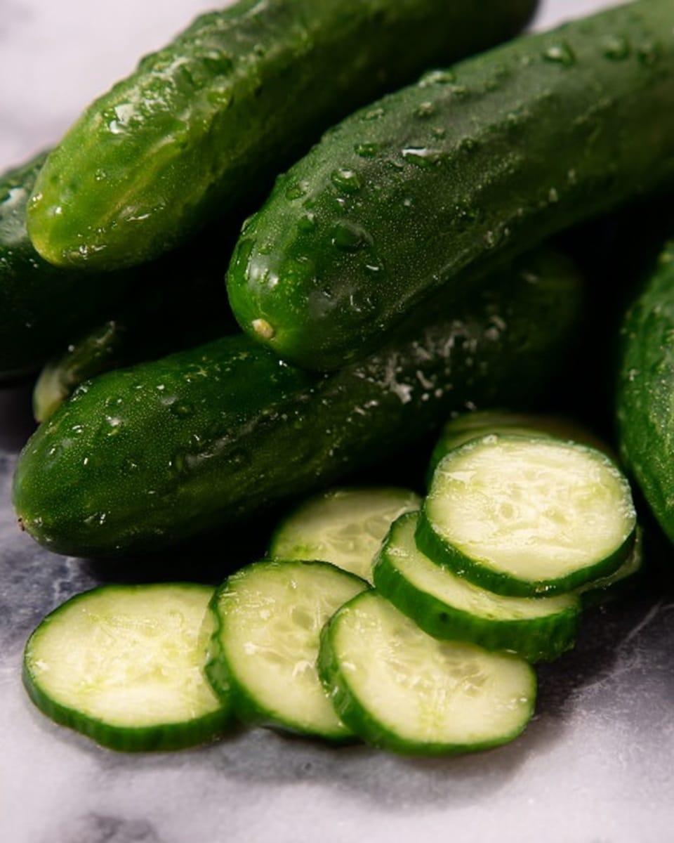 The image shows several glass jars filled with sliced cucumbers and fresh green dill, immersed in clear pickling liquid with visible mustard seeds floating inside. Each jar has layers of light green cucumber slices and delicate leafy dill, creating a fresh, textured look. The jars are set on a white marbled surface, with some jar lids open and others closed. Extra sprigs of dill are scattered around the jars, adding a natural, vibrant green touch to the scene. Photo taken with an iphone --ar 4:5 --v 7