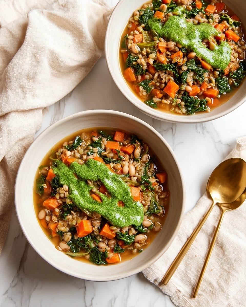 Two white bowls filled with a thick stew that has three main layers: a light brown grain and bean base with visible small beige beans and cooked barley, chunky orange carrot pieces, and green leafy kale mixed throughout. On top, there is a drizzle of bright green sauce with a slightly textured, leafy appearance. The bowls are placed on a white marbled surface with a soft, cream cloth nearby, and two gold spoons lay to the side. The photo is taken with an iphone --ar 4:5 --v 7
