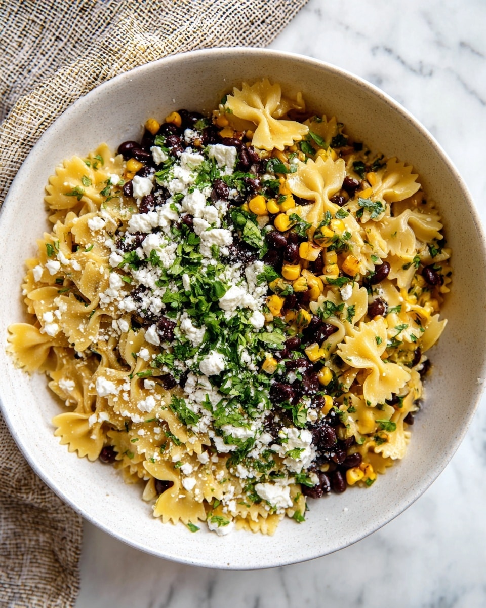 The image shows a close-up of a white speckled plate filled with bow-tie pasta mixed with bright yellow grilled corn kernels and black beans. The pasta is light golden and soft-looking, scattered unevenly with small white crumbles of cheese and fresh green chopped herbs sprinkled on top. A wooden spoon lifts a portion of the pasta mix, highlighting the textures of the ingredients, while the plate rests on a white marbled surface. The overall look is fresh, colorful, and appetizing photo taken with an iphone --ar 4:5 --v 7