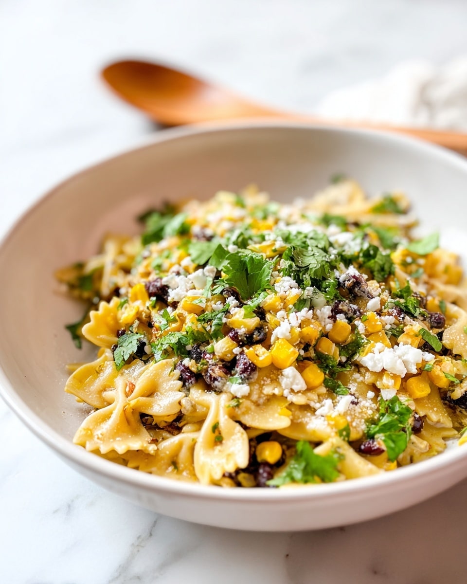 A white bowl filled with three layers: the bottom layer has light yellow farfalle pasta with slightly ruffled edges; the middle layer contains yellow grilled corn kernels and dark brown beans scattered throughout; on the top layer, there is a generous sprinkle of white crumbly cheese and bright green chopped fresh herbs, all sitting on a white marbled surface with a textured cloth partially visible at the top left. photo taken with an iphone --ar 4:5 --v 7